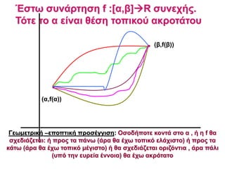 Έστω συνάρτηση f :[α,β]R συνεχής.
Τότε το α είναι θέση τοπικού ακροτάτου
(α,f(α))
(β,f(β))
Γεωμετρική –εποπτική προσέγγιση: Οσοδήποτε κοντά στο α , ή η f θα
σχεδιάζεται: ή προς τα πάνω (άρα θα έχω τοπικό ελάχιστο) ή προς τα
κάτω (άρα θα έχω τοπικό μέγιστο) ή θα σχεδιάζεται οριζόντια , άρα πάλι
(υπό την ευρεία έννοια) θα έχω ακρότατο
 