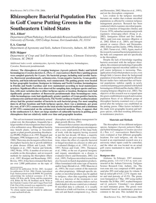 HORTSCIENCE 39(7):1754–1758. 2004.

Rhizosphere Bacterial Population Flux
in Golf Course Putting Greens in the
Southeastern United States
M.L. Elliott1
Department of Plant Pathology, Fort Lauderdale Research and Education Center,
University of Florida, 3205 College Avenue, Fort Lauderdale, FL 33314
E.A. Guertal
Department of Agronomy and Soils, Auburn University, Auburn, AL 36849
H.D. Skipper
Department of Crop and Soil Environmental Science, Clemson University,
Clemson, SC 29634
Additional index words. actinomycetes, Agrostis, bacteria, bentgrass, bermudagrass,
Cynodon, ﬂuorescent pseudomonads
Abstract. The rhizospheres of creeping bentgrass (Agrostis palustris Huds.) and hybrid
bermudagrass (Cynodon dactylon (L.) Pers. x C. transvaalensis Burtt-Davy) putting greens
were sampled quarterly for 4 years. Six bacterial groups, including total aerobic bacteria, ﬂuorescent pseudomonads, actinomycetes, Gram-negative bacteria, Gram-positive
bacteria, and heat-tolerant bacteria, were enumerated. The putting greens were located
in four geographic locations (bentgrass in Alabama and North Carolina; bermudagrass
in Florida and South Carolina) and were maintained according to local maintenance
practices. Signiﬁcant effects were observed for sampling date, turfgrass species and location, with most variation due to either turfgrass species or location. Bentgrass roots had
signiﬁcantly greater numbers of ﬂuorescent pseudomonads than bermudagrass roots,
while bermudagrass roots had signiﬁcantly greater numbers of Gram-positive bacteria,
actinomycetes and heat-tolerant bacteria. The North Carolina or South Carolina locations
always had the greatest number of bacteria in each bacterial group. For most sampling
dates in all four locations and both turfgrass species, there was a minimum, per gram
dry root, of 107 CFUs enumerated on the total aerobic bacterial medium and a minimum
of 105 CFUs enumerated on the actinomycete bacterial medium. Thus, it appears that
in the southeastern U.S. there are large numbers of culturable bacteria in putting green
rhizospheres that are relatively stable over time and geographic location.
The soil environment immediately around
a plant root, the rhizosphere, frequently has a
larger number of microorganisms than soil just
a few millimeters away. Rhizosphere bacteria
may beneﬁt plants, serving as biocontrol
agents or plant growth promoting rhizobacteria (PGPR) (Nijhuis et al.,1993; Raupach and
Kloepper, 1998; Schippers et al., 1987; Weller,
1988). There may also be negative effects from
rhizosphere bacteria due to growth inhibition
or plant disease (Elliott and Lynch, 1985;
Schippers et al., 1987; Suslow and Schroth,
1982; Woltz, 1978). A number of reviews are
available on the rhizosphere, and on research
methods for studying the rhizosphere (Hurst
et al., 1997; Kloepper and Beauchamp, 1992;
Rovira, 1991). It has been estimated that there
are over 2,000 publications on the topic of
Received for publication 28 Oct. 2003. Accepted
for publication 20 Feb. 2004. Florida Agricultural
Expt. Station journal series R-09896. We gratefully
acknowledge the technical assistance of E. Des
Jardin, J.H. Kim, and K. Xiong, and the cooperation
of K. Bibler, M. Pilo, M. Stoddard, and K. Wiles at
the Charlotte Country Club and Cougar Point Golf
Club. Part of this research was supported by a grant
from the United States Golf Association.
1
To whom reprint requests should be addressed;
e-mail melliott@uﬂ.edu.

1754

rhizosphere and rhizosphere management for
plant growth (Rovira, 1991).
Research that examines microbial populations associated with turfgrasses encompasses
only a very small portion of this large body
of work, with the majority having occurred
in just the last decade. Of these, a majority
of the studies are pest management evaluations, where the effect of a speciﬁc bacterial
or fungal inoculant on a disease or other pest
is evaluated (Hodges et al., 1993; Lo et al.,
1997; Nelson and Craft, 1991; Thompson
et al., 1996), or the use of general inorganic
and organic amendments on a disease is
evaluated (Davis and Dernoeden, 2002; Liu
et al., 1995). Turfgrass microbial research has
also focused on thatch degradation products.
Often formulated with some type of bacteria
and/or fungi (Berndt et al., 1990; Mancino et
al., 1993), the exact content of the materials
are often proprietary. Although speciﬁc microbes or microbial products may be applied
to turfgrass, often data regarding microbial
ﬂux as a function of the treatments is not
collected, and only secondary indices such as
thatch depth or disease control are evaluated.
If microbial data is collected, it is usually
collected as a bulk soil fraction, or separated
into soil and thatch components (e.g., Davis

and Dernoeden, 2002; Mancino et al., 1993),
and not the rhizosphere component.
Less evident in the turfgrass microbial
literature are studies that evaluate microbial
populations as affected by common turfgrass
management practices. Research has been
conducted which examines microbial populations as a function of fungicides (Smiley and
Craven, 1979), subsurface aeration and growth
regulators (trinexapac-ethyl) (Feng et al.,
2002), fumigation (Elliott and Des Jardin,
2001), sand root-zone mixtures (Bigelow et
al., 2002; Elliott et al., 2003), and nitrogen
amount or sources (Davis and Dernoeden,
2002; Elliott and Des Jardin, 1999a; Elliott et
al., 2003; Turner et al., 1985). Again, much of
the research examined bacterial populations in
the bulk soil component and not speciﬁcally
in the rhizosphere.
Despite the lack of knowledge regarding
bacteria associated with the turfgrass rhizosphere, the commercial marketing of sprayable
or irrigation-injected microbial additives for
golf course turfgrasses is increasing. Thus,
application of microbial products occurs, even
though little is known about the background
population of microbes that might be affected.
Recent studies have indicated that soil bacterial populations stabilize rapidly in newly
constructed putting greens planted with hybrid
bermudagrass (Elliott and Des Jardin, 2001) or
creeping bentgrass (Bigelow et al., 2002). The
objective of this research was to expand upon
this green-establishment research and examine
population ﬂuxes of six different groups of
rhizosphere bacteria examined over a 4-year
period after the turfgrass was established on
the putting greens. Other factors included in
this study were geographic location and turfgrass species, with their resulting differences
in maintenance practices.
Materials and Methods
The rhizosphere of two different turfgrass
species, bentgrass (Agrostis palustris Huds.)
and hybrid bermudagrass (Cynodon dactylon
(L.) Pers. x C. transvaalensis Burtt-Davy),
were evaluated at four different geographic
locations. For each turfgrass, one site was
located at an experimental research area at a
university where inputs could be controlled,
and the other site was located on an actual
golf course maintained to meet the golfers’
expectations.
Bentgrass sites
Alabama. In February 1997 miniature
putting greens, 1.0 × 0.5 × 0.5 m, were constructed at the Auburn University Turfgrass
Science Research Unit, Auburn, Ala. The
root-zone mix was composed of 80% quartz
sand plus 20% reed sedge peat, by volume. It
had an initial pH of 6.0, 2.27% organic matter and total porosity of 43.5%. The greens
were fumigated on 7 Mar. 1997 using methyl
bromide. On 26 Mar. 1997, washed bentgrass
sod (A. palustris ‘Crenshaw’) was planted
on each miniature green. The greens were
maintained based on maintenance practices
common to the area. This included the use
HORTSCIENCE VOL. 39(7) DECEMBER 2004

 
