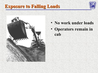 Exposure to Falling LoadsExposure to Falling Loads
• No work under loads
• Operators remain in
cab
 