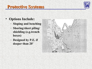 Protective SystemsProtective Systems
• Options Include:
– Sloping and benching
– Shoring/sheet piling/
shielding (e.g.trench
boxes)
– Designed by P.E. if
deeper than 20’
 
