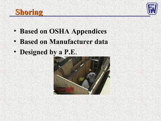 ShoringShoring
• Based on OSHA Appendices
• Based on Manufacturer data
• Designed by a P.E.
 