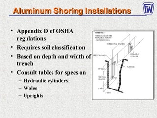 Aluminum Shoring InstallationsAluminum Shoring Installations
• Appendix D of OSHA
regulations
• Requires soil classification
• Based on depth and width of
trench
• Consult tables for specs on
– Hydraulic cylinders
– Wales
– Uprights
 