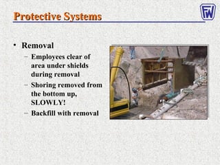 Protective SystemsProtective Systems
• Removal
– Employees clear of
area under shields
during removal
– Shoring removed from
the bottom up,
SLOWLY!
– Backfill with removal
 