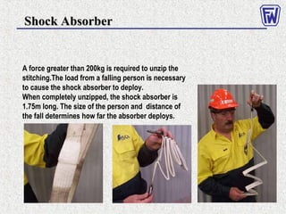 Shock AbsorberShock Absorber
A force greater than 200kg is required to unzip the
stitching.The load from a falling person is necessary
to cause the shock absorber to deploy.
When completely unzipped, the shock absorber is
1.75m long. The size of the person and distance of
the fall determines how far the absorber deploys.
 