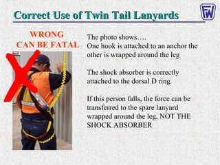 Correct Use of Twin Tail LanyardsCorrect Use of Twin Tail Lanyards
The photo shows….
One hook is attached to an anchor the
other is wrapped around the leg
The shock absorber is correctly
attached to the dorsal D ring.
If this person falls, the force can be
transferred to the spare lanyard
wrapped around the leg, NOT THE
SHOCK ABSORBER
WRONG
CAN BE FATAL
 
