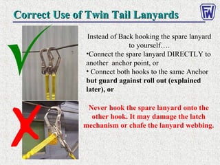 Correct Use of Twin Tail LanyardsCorrect Use of Twin Tail Lanyards
Instead of Back hooking the spare lanyard
to yourself….
•Connect the spare lanyard DIRECTLY to
another anchor point, or
• Connect both hooks to the same Anchor
but guard against roll out (explained
later), or
Never hook the spare lanyard onto the
other hook. It may damage the latch
mechanism or chafe the lanyard webbing.
 