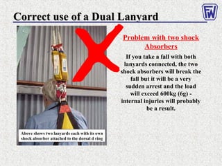 Correct use of a Dual LanyardCorrect use of a Dual Lanyard
Problem with two shock
Absorbers
If you take a fall with both
lanyards connected, the two
shock absorbers will break the
fall but it will be a very
sudden arrest and the load
will exceed 600kg (6g) -
internal injuries will probably
be a result.
Above shows two lanyards each with its own
shock absorber attached to the dorsal d ring
 