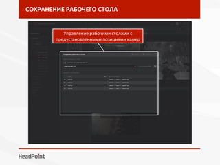 СОХРАНЕНИЕ	РАБОЧЕГО	СТОЛА	
Управление	рабочими	столами	с	
предустановленными	позициями	камер	
 