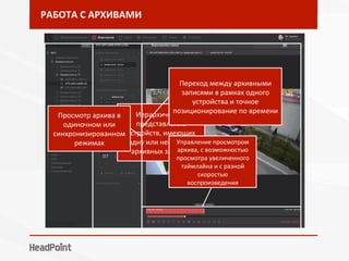 РАБОТА	С	АРХИВАМИ	
Иерархическое	
представление	
устройств,	имеющих	
одну	или	несколько	
архивных	записей	
Переход	между	архивными	
записями	в	рамках	одного	
устройства	и	точное	
позиционирование	по	времени	
Просмотр	архива	в	
одиночном	или	
синхронизированном	
режимах	 Управление	просмотром	
архива,	с	возможностью	
просмотра	увеличенного	
таймлайна	и	с	разной	
скоростью	
воспроизведения	
 