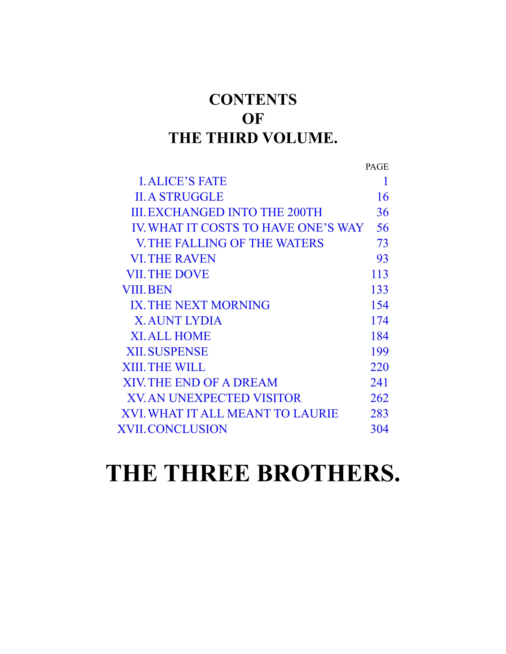 CONTENTS
OF
THE THIRD VOLUME.
PAGE
I.ALICE’S FATE 1
II.A STRUGGLE 16
III.EXCHANGED INTO THE 200TH 36
IV.WHAT IT COSTS TO HAVE ONE’S WAY 56
V.THE FALLING OF THE WATERS 73
VI.THE RAVEN 93
VII.THE DOVE 113
VIII.BEN 133
IX.THE NEXT MORNING 154
X.AUNT LYDIA 174
XI.ALL HOME 184
XII.SUSPENSE 199
XIII.THE WILL 220
XIV.THE END OF A DREAM 241
XV.AN UNEXPECTED VISITOR 262
XVI.WHAT IT ALL MEANT TO LAURIE 283
XVII.CONCLUSION 304
THE THREE BROTHERS.
 