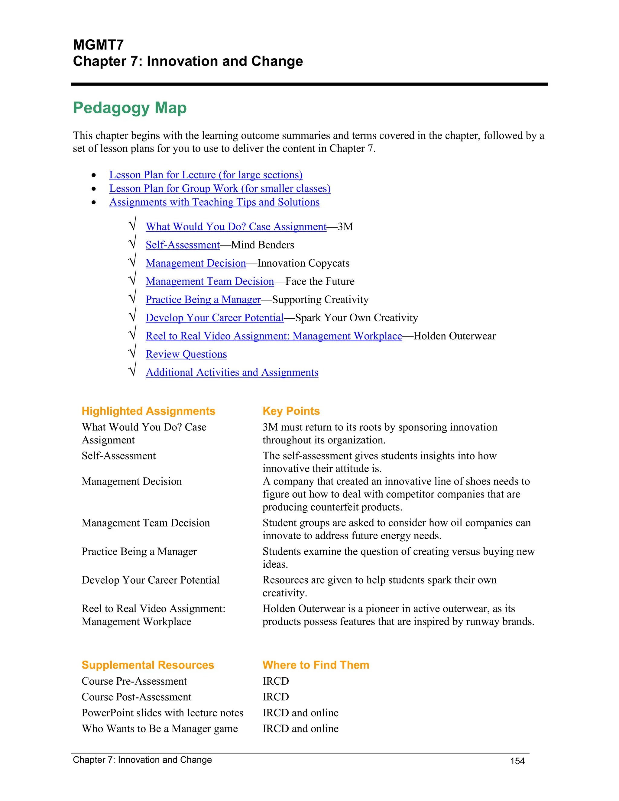 Chapter 7: Innovation and Change 154
MGMT7
Chapter 7: Innovation and Change
Pedagogy Map
This chapter begins with the learning outcome summaries and terms covered in the chapter, followed by a
set of lesson plans for you to use to deliver the content in Chapter 7.
• Lesson Plan for Lecture (for large sections)
• Lesson Plan for Group Work (for smaller classes)
• Assignments with Teaching Tips and Solutions
 What Would You Do? Case Assignment––3M
 Self-Assessment––Mind Benders
 Management Decision––Innovation Copycats
 Management Team Decision––Face the Future
 Practice Being a Manager––Supporting Creativity
 Develop Your Career Potential––Spark Your Own Creativity
 Reel to Real Video Assignment: Management Workplace––Holden Outerwear
 Review Questions
 Additional Activities and Assignments
Highlighted Assignments Key Points
What Would You Do? Case
Assignment
3M must return to its roots by sponsoring innovation
throughout its organization.
Self-Assessment The self-assessment gives students insights into how
innovative their attitude is.
Management Decision A company that created an innovative line of shoes needs to
figure out how to deal with competitor companies that are
producing counterfeit products.
Management Team Decision Student groups are asked to consider how oil companies can
innovate to address future energy needs.
Practice Being a Manager Students examine the question of creating versus buying new
ideas.
Develop Your Career Potential Resources are given to help students spark their own
creativity.
Reel to Real Video Assignment:
Management Workplace
Holden Outerwear is a pioneer in active outerwear, as its
products possess features that are inspired by runway brands.
Supplemental Resources Where to Find Them
Course Pre-Assessment IRCD
Course Post-Assessment IRCD
PowerPoint slides with lecture notes IRCD and online
Who Wants to Be a Manager game IRCD and online
 