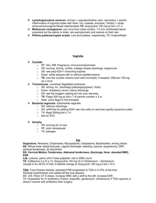  Lymphogranulona venerum: primary = papules/shallow ulcer; secondary = painful
inflammation of inguinal nodes with fever, h/a, malaise, anorexia; Tertiary = rectal
stricture/rectovaginal fistula/ elephantiasis TX: doxycycline 100 mg po bid x 21 d
 Molluscum contagiosum: pox virus from close contact; 1-5 mm umbilicated lesion
anywhere but the palms or soles; are asymptomatic and resolve on their own
 Phthris pubis/sarcoptes scabei: Lice and scabies, respectively; TX: lindane/Kwell
Vaginitis
 Candida:
o RF: Abx, DM, Pregnancy, immunocompromised
o SS: burning, itching, vulvitis, cottage cheese discharge, dysparunia
o DX: wet prep KOH = branching hyphae
o Exam: white plaques with or without satellite lesions
o TX: over the counter creams work well (monistat); if resistant, Diflucan 150 mg
po x once
 Trichomonas: unicellular flagellated protozoan
o SS: itching, inc. discharge (yellow/gray/green), frothy
o Exam: strawberry cervix, foamy discharge
o DX: see the buggers zipping all over your wet prep
o TX: Flagyl 500 mg po bid x 7 d/ partner condom x 2 w
o Note: avoid flagyl in frist trimester
 Bacterial vaginosis: Gardnerella vaginalis
o SS: odorous discharge
o DX: whiff test by adding KOH; see clue cells on wet prep (spotty squamous cells)
o TX: flagyl 500mg bid x 7 d
o Not an STD
 Atrophy
o SS: burning d/c on sex
o RF: post menopausal
o TX: estrogen
PID
Organisms: Neisseria, Chylamadia, Mycoplasmia, Ureaplasma, Bacterioides, among others
SX: diffuse lower abdominal pain, vaginal discharge, bleeding, dysuria, dyspareunia, CMT,
adnexal tenderness, GI discomfort
DX: Cervical Motion Tenderness, Adenexal tenderness, discharge, fever, elevated WBC,
ESR
Lab: cultures, pelvic U/S if mass palpated, rise in WBC count
TX: Ceftiaxone 2 g IV q 12, Doxycycline 100 mg IV or Clindamycin – Gentamycin
Usually tx for 48 hrs IV then if afebrile change to Doxycyclin 100 mg po bid x 14 d
TOA: Tubo Ovarian Abcess: persistent PID progresses to TOA in 3-16% of the time
Adnexal mass/fullness (not walled off like true absess)
DX: U/S, Pelvic CT if obese, increase WBC with a shift to the left, increase ESR
TX: Hospitalize for IV antibiotics (Triples: ampicillin, gentamycin, clindamycin) if TOA ruptures or
doesn’t resolve with antibiotics then surgery.
 