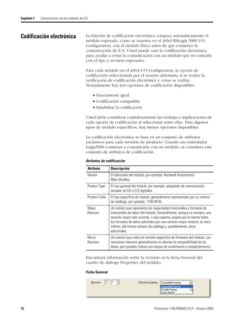 12 Publicación 1756-PM004C-ES-P – Octubre 2009
Capítulo 1 Comunicación con los módulos de E/S
Codificación electrónica La función de codificación electrónica compara automáticamente el
módulo esperado, como se muestra en el árbol RSLogix 5000 I/O
Configuration, con el módulo físico antes de que comience la
comunicación de E/S. Usted puede usar la codificación electrónica
para ayudar a evitar la comunicación con un módulo que no coincide
con el tipo y revisión esperados.
Para cada módulo en el árbol I/O Configuration, la opción de
codificación seleccionada por el usuario determina si se realiza la
verificación de codificación electrónica y cómo se realiza.
Normalmente hay tres opciones de codificación disponibles.
 Exactamente igual
 Codificación compatible
 Inhabilitar la codificación
Usted debe considerar cuidadosamente las ventajas e implicaciones de
cada opción de codificación al seleccionar entre ellas. Para algunos
tipos de módulo específicos, hay menos opciones disponibles.
La codificación electrónica se basa en un conjunto de atributos
exclusivos para cada revisión de producto. Cuando un controlador
Logix5000 comienza a comunicarse con un módulo, se considera este
conjunto de atributos de codificación.
Encontrará información sobre la revisión en la ficha General del
cuadro de diálogo Properties del módulo.
Ficha General
Atributos de codificación
Atributo Descripción
Vendor El fabricante del módulo, por ejemplo, Rockwell Automation/
Allen-Bradley.
Product Type El tipo general del módulo, por ejemplo, adaptador de comunicación,
variador de CA o E/S digitales.
Product Code El tipo específico de módulo, generalmente representado por su número
de catálogo, por ejemplo, 1756-IB16I.
Major
Revision
Un número que representa las capacidades funcionales y formatos de
intercambio de datos del módulo. Generalmente, aunque no siempre, una
revisión mayor más reciente, o sea superior, acepta por lo menos todos
los formatos de datos admitidos por una revisión mayor anterior, es decir
inferior, del mismo número de catálogo y, posiblemente, otros
adicionales.
Minor
Revision
Un número que indica la revisión específica de firmware del módulo. Las
revisiones menores generalmente no afectan la compatibilidad de los
datos, pero pueden indicar una mejora de rendimiento o comportamiento.
 