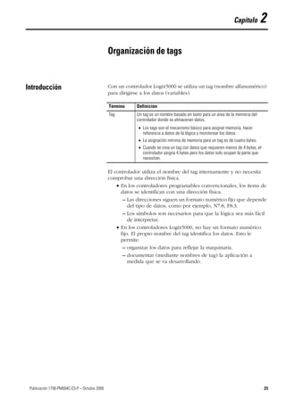 23Publicación 1756-PM004C-ES-P – Octubre 2009 23
Capítulo 2
Organización de tags
Introducción Con un controlador Logix5000 se utiliza un tag (nombre alfanumérico)
para dirigirse a los datos (variables).
El controlador utiliza el nombre del tag internamente y no necesita
comprobar una dirección física.
 En los controladores programables convencionales, los ítems de
datos se identifican con una dirección física.
– Las direcciones siguen un formato numérico fijo que depende
del tipo de datos, como por ejemplo, N7:8, F8:3.
– Los símbolos son necesarios para que la lógica sea más fácil
de interpretar.
 En los controladores Logix5000, no hay un formato numérico
fijo. El propio nombre del tag identifica los datos. Esto le
permite:
– organizar los datos para reflejar la maquinaria.
– documentar (mediante nombres de tag) la aplicación a
medida que se va desarrollando.
Término Definición
Tag Un tag es un nombre basado en texto para un área de la memoria del
controlador donde se almacenan datos.
 Los tags son el mecanismo básico para asignar memoria, hacer
referencia a datos de la lógica y monitorear los datos.
 La asignación mínima de memoria para un tag es de cuatro bytes.
 Cuando se crea un tag con datos que requieren menos de 4 bytes, el
controlador asigna 4 bytes pero los datos solo ocupan la parte que
necesitan.
 