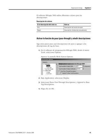 Publicación 1756-PM004C-ES-P – Octubre 2009 41
Organización de tags Capítulo 2
El software RSLogix 5000 utiliza diferentes colores para las
descripciones.
Activar la función de paso (pass-through) y añadir descripciones
Siga estos pasos para usar descripciones de paso y agregar a las
descripciones de tag de base.
1. En el software de programación RSLogix 5000, desde el menú
Tools, seleccione Options.
Aparece la pantalla Work Station Options.
2. Bajo Application, seleccione Display.
3. Seleccione Show Pass-Through Descriptions y Append to Base
Tag Descriptions.
4. Haga clic en OK.
Descripción de colores
Si la descripción del color es Esto es
Gris Descripción de función de paso
Negro Descripción introducida manualmente
 