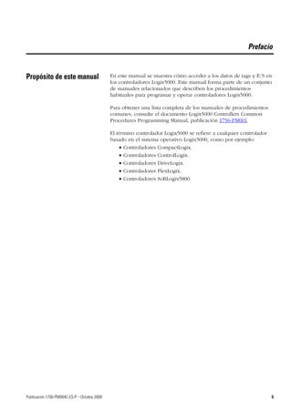Publicación 1756-PM004C-ES-P – Octubre 2009 5
Prefacio
Propósito de este manual En este manual se muestra cómo acceder a los datos de tags y E/S en
los controladores Logix5000. Este manual forma parte de un conjunto
de manuales relacionados que describen los procedimientos
habituales para programar y operar controladores Logix5000.
Para obtener una lista completa de los manuales de procedimientos
comunes, consulte el documento Logix5000 Controllers Common
Procedures Programming Manual, publicación 1756-PM001.
El término controlador Logix5000 se refiere a cualquier controlador
basado en el sistema operativo Logix5000, como por ejemplo:
 Controladores CompactLogix.
 Controladores ControlLogix.
 Controladores DriveLogix.
 Controladores FlexLogix.
 Controladores SoftLogix5800.
 