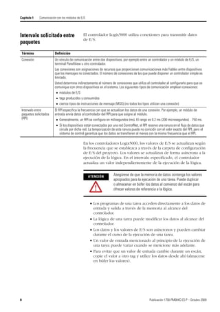 8 Publicación 1756-PM004C-ES-P – Octubre 2009
Capítulo 1 Comunicación con los módulos de E/S
Intervalo solicitado entre
paquetes
El controlador Logix5000 utiliza conexiones para transmitir datos
de E/S.
En los controladores Logix5000, los valores de E/S se actualizan según
la frecuencia que se establezca a través de la carpeta de configuración
de E/S del proyecto. Los valores se actualizan de forma asíncrona a la
ejecución de la lógica. En el intervalo especificado, el controlador
actualiza un valor independientemente de la ejecución de la lógica.
 Los programas de una tarea acceden directamente a los datos de
entrada y salida a través de la memoria al alcance del
controlador.
 La lógica de una tarea puede modificar los datos al alcance del
controlador.
 Los datos y los valores de E/S son asíncronos y pueden cambiar
durante el curso de la ejecución de una tarea.
 Un valor de entrada mencionado al principio de la ejecución de
una tarea puede variar cuando se mencione más adelante.
 Para evitar que un valor de entrada cambie durante un escán,
copie el valor a otro tag y utilice los datos desde ahí (almacene
en búfer los valores).
Término Definición
Conexión Un vínculo de comunicación entre dos dispositivos, por ejemplo entre un controlador y un módulo de E/S, un
terminal PanelView u otro controlador.
Las conexiones son asignaciones de recursos que proporcionan comunicaciones más fiables entre dispositivos
que los mensajes no conectados. El número de conexiones de las que puede disponer un controlador simple es
limitado.
Usted determina indirectamente el número de conexiones que utiliza el controlador al configurarlo para que se
comunique con otros dispositivos en el sistema. Los siguientes tipos de comunicación emplean conexiones:
 módulos de E/S
 tags producidos y consumidos
 ciertos tipos de instrucciones de mensaje (MSG) (no todos los tipos utilizan una conexión)
Intervalo entre
paquetes solicitados
(RPI)
El RPI especifica la frecuencia con que se actualizan los datos de una conexión. Por ejemplo, un módulo de
entrada envía datos al controlador del RPI para que asigne al módulo.
 Generalmente, un RPI se configura en milisegundos (ms). El rango es 0.2 ms (200 microsegundos)…750 ms.
 Si los dispositivos están conectados por una red ControlNet, el RPI reserva una ranura en el flujo de datos que
circula por dicha red. La temporización de esta ranura puede no coincidir con el valor exacto del RPI, pero el
sistema de control garantiza que los datos se transfieren al menos con la misma frecuencia que el RPI.
ATENCIÓN
Asegúrese de que la memoria de datos contenga los valores
apropiados para la ejecución de una tarea. Puede duplicar
o almacenar en búfer los datos al comienzo del escán para
ofrecer valores de referencia a la lógica.
 