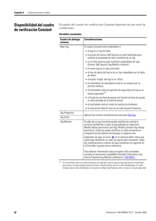 82 Publicación 1756-PM004C-ES-P – Octubre 2009
Capítulo 4 Control de acceso a datos
Disponibilidad del cuadro
de verificación Constant
El estado del cuadro de verificación Constant depende de una serie de
condiciones.
Variables constantes
Cuadro de diálogo/
ventana
Consideraciones
New Tag El cuadro Constant está inhabilitado si:
• el tag es un tag de alias.
• la acción de Factory Talk Security no está habilitada para
cambiar la propiedad de valor constante de un tag.
• si no tiene permiso para modificar propiedades de tags
(Factory Talk Security Tag Modify is denied.)
• el nuevo tag es un tag consumido.
• el tipo de datos del tag no es un tipo respaldado por la tabla
de datos.
• el ajuste ‘Usage’ del tag no es ‘InOut’.
• el controlador de redundancia está en un estado que no
permite cambios.
• el controlador está con garantía de seguridad y el tag es un
tag de seguridad.(1)
• si Scope es una fase de equipo y la función de fase de equipo
no está activada en la licencia actual.
• el controlador está en modo de marcha de hardware.
• la instrucción Add-On está en el modo Source Protection.
(1) Si el controlador está en el modo de bloqueo de seguridad, solo los tags de seguridad estarán inhabilitados
para acceso, los tags estándar tendrán el mismo comportamiento que en el modo desbloqueado. El cuadro
Constant value estará inhabilitado en el cuadro de diálogo Tag Properties solo si el tag es un tag de seguridad.
Tag Properties
Aplican las mismas consideraciones que para New Tag.
Tag Editor
Tag Monitor El valor de un tag constante puede modificarse usando la
ventana Tag Monitor si para el tag estándar se especifica:
Modify Values permission and Tag: Modify Constant Tag Values
permission. Usted no puede modificar un valor constante en
cualquiera de los editores de lenguaje o cualquier otro
explorador de tags. El icono en la columna Valor indica que
usted está cambiando un valor de tag de valor constante. Todas
las modificaciones a valores de tags constantes se registran en
el Controller Log para futura referencia.
Para obtener información sobre el registro del controlador,
consulte el documento Logix5000 Controllers Information and
Status Programming Manual, publicación 1756-PM015.
 