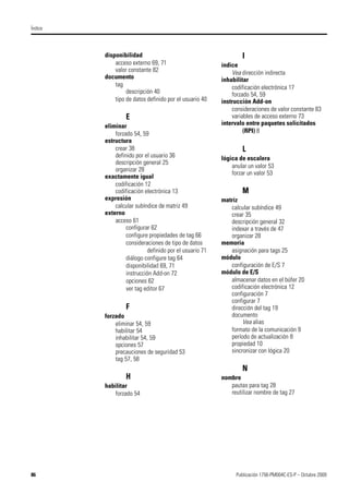86 Publicación 1756-PM004C-ES-P – Octubre 2009
Índice
disponibilidad
acceso externo 69, 71
valor constante 82
documento
tag
descripción 40
tipo de datos definido por el usuario 40
E
eliminar
forzado 54, 59
estructura
crear 38
definido por el usuario 36
descripción general 25
organizar 28
exactamente igual
codificación 12
codificación electrónica 13
expresión
calcular subíndice de matriz 49
externo
acceso 61
configurar 62
configure propiedades de tag 66
consideraciones de tipo de datos
definido por el usuario 71
diálogo configure tag 64
disponibilidad 69, 71
instrucción Add-on 72
opciones 62
ver tag editor 67
F
forzado
eliminar 54, 59
habilitar 54
inhabilitar 54, 59
opciones 57
precauciones de seguridad 53
tag 57, 58
H
habilitar
forzado 54
I
índice
Vea dirección indirecta
inhabilitar
codificación electrónica 17
forzado 54, 59
instrucción Add-on
consideraciones de valor constante 83
variables de acceso externo 73
intervalo entre paquetes solicitados
(RPI) 8
L
lógica de escalera
anular un valor 53
forzar un valor 53
M
matriz
calcular subíndice 49
crear 35
descripción general 32
indexar a través de 47
organizar 28
memoria
asignación para tags 25
módulo
configuración de E/S 7
módulo de E/S
almacenar datos en el búfer 20
codificación electrónica 12
configuración 7
configurar 7
dirección del tag 19
documento
Vea alias
formato de la comunicación 9
período de actualización 8
propiedad 10
sincronizar con lógica 20
N
nombre
pautas para tag 28
reutilizar nombre de tag 27
 