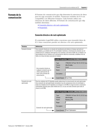 Publicación 1756-PM004C-ES-P – Octubre 2009 9
Comunicación con los módulos de E/S Capítulo 1
Formato de la
comunicación
El formato de comunicación que elija determina la estructura de datos
para los tags asociados al módulo. Numerosos módulos de E/S son
compatibles con diferentes formatos. Cada formato utiliza una
estructura de datos diferente. El formato de comunicación que elija
también determina:
 Conexión directa o de rack optimizado.
 Propiedad.
Conexión directa o de rack optimizado
El controlador Logix5000 utiliza conexiones para transmitir datos de
E/S. Estas conexiones pueden ser directas o de rack optimizado.
Término Definición
Conexión directa Una conexión directa es un vínculo de transferencia de datos en tiempo real entre el
controlador y un módulo de E/S. El controlador mantiene y monitorea la conexión con el
módulo de E/S. Cualquier interrupción en la conexión, tal como el fallo de un módulo o la
desinstalación de un módulo con la alimentación eléctrica conectada, establece bits de
fallo en el área de datos asociada al módulo.
Conexión de rack
optimizado
Para los módulos de E/S digitales puede seleccionar la comunicación de rack optimizado.
Una conexión de rack optimizado consolida el uso de conexiones entre el controlador y
todos los módulos de E/S digitales en el chasis (o riel DIN). En lugar de tener conexiones
individuales directas para cada módulo de E/S, se usa una sola conexión para todo el
chasis (o riel DIN).
Una conexión directa es
cualquier conexión que no
utilice optimización de
racks como formato de
comunicación.
Conexión de rack optimizado
 