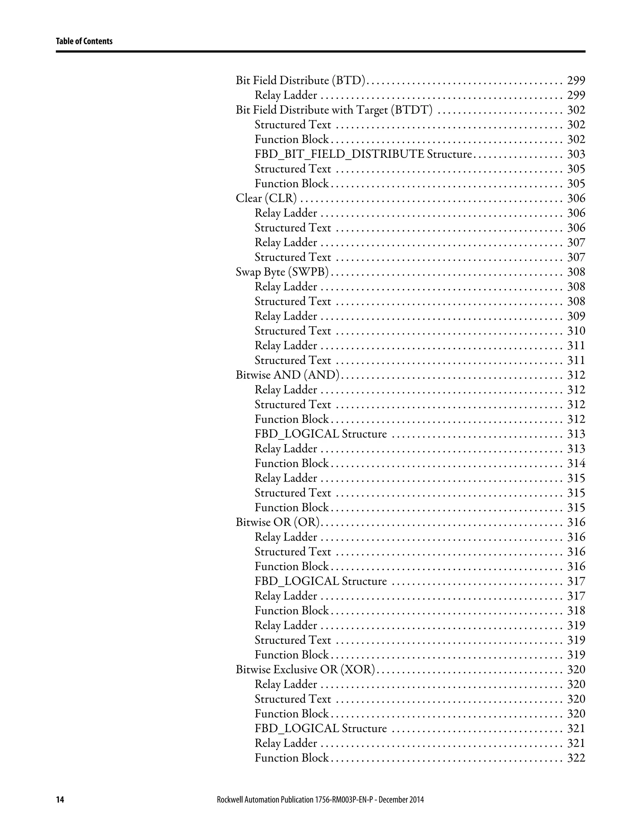 14 Rockwell Automation Publication1756-RM003P-EN-P - December 2014
Table of Contents
Bit Field Distribute (BTD). . . . . . . . . . . . . . . . . . . . . . . . . . . . . . . . . . . . . . . 299
Relay Ladder . . . . . . . . . . . . . . . . . . . . . . . . . . . . . . . . . . . . . . . . . . . . . . . . 299
Bit Field Distribute with Target (BTDT) . . . . . . . . . . . . . . . . . . . . . . . . . 302
Structured Text . . . . . . . . . . . . . . . . . . . . . . . . . . . . . . . . . . . . . . . . . . . . . 302
Function Block . . . . . . . . . . . . . . . . . . . . . . . . . . . . . . . . . . . . . . . . . . . . . . 302
FBD_BIT_FIELD_DISTRIBUTE Structure. . . . . . . . . . . . . . . . . . 303
Structured Text . . . . . . . . . . . . . . . . . . . . . . . . . . . . . . . . . . . . . . . . . . . . . 305
Function Block . . . . . . . . . . . . . . . . . . . . . . . . . . . . . . . . . . . . . . . . . . . . . . 305
Clear (CLR) . . . . . . . . . . . . . . . . . . . . . . . . . . . . . . . . . . . . . . . . . . . . . . . . . . . . 306
Relay Ladder . . . . . . . . . . . . . . . . . . . . . . . . . . . . . . . . . . . . . . . . . . . . . . . . 306
Structured Text . . . . . . . . . . . . . . . . . . . . . . . . . . . . . . . . . . . . . . . . . . . . . 306
Relay Ladder . . . . . . . . . . . . . . . . . . . . . . . . . . . . . . . . . . . . . . . . . . . . . . . . 307
Structured Text . . . . . . . . . . . . . . . . . . . . . . . . . . . . . . . . . . . . . . . . . . . . . 307
Swap Byte (SWPB). . . . . . . . . . . . . . . . . . . . . . . . . . . . . . . . . . . . . . . . . . . . . . 308
Relay Ladder . . . . . . . . . . . . . . . . . . . . . . . . . . . . . . . . . . . . . . . . . . . . . . . . 308
Structured Text . . . . . . . . . . . . . . . . . . . . . . . . . . . . . . . . . . . . . . . . . . . . . 308
Relay Ladder . . . . . . . . . . . . . . . . . . . . . . . . . . . . . . . . . . . . . . . . . . . . . . . . 309
Structured Text . . . . . . . . . . . . . . . . . . . . . . . . . . . . . . . . . . . . . . . . . . . . . 310
Relay Ladder . . . . . . . . . . . . . . . . . . . . . . . . . . . . . . . . . . . . . . . . . . . . . . . . 311
Structured Text . . . . . . . . . . . . . . . . . . . . . . . . . . . . . . . . . . . . . . . . . . . . . 311
Bitwise AND (AND). . . . . . . . . . . . . . . . . . . . . . . . . . . . . . . . . . . . . . . . . . . . 312
Relay Ladder . . . . . . . . . . . . . . . . . . . . . . . . . . . . . . . . . . . . . . . . . . . . . . . . 312
Structured Text . . . . . . . . . . . . . . . . . . . . . . . . . . . . . . . . . . . . . . . . . . . . . 312
Function Block . . . . . . . . . . . . . . . . . . . . . . . . . . . . . . . . . . . . . . . . . . . . . . 312
FBD_LOGICAL Structure . . . . . . . . . . . . . . . . . . . . . . . . . . . . . . . . . . 313
Relay Ladder . . . . . . . . . . . . . . . . . . . . . . . . . . . . . . . . . . . . . . . . . . . . . . . . 313
Function Block . . . . . . . . . . . . . . . . . . . . . . . . . . . . . . . . . . . . . . . . . . . . . . 314
Relay Ladder . . . . . . . . . . . . . . . . . . . . . . . . . . . . . . . . . . . . . . . . . . . . . . . . 315
Structured Text . . . . . . . . . . . . . . . . . . . . . . . . . . . . . . . . . . . . . . . . . . . . . 315
Function Block . . . . . . . . . . . . . . . . . . . . . . . . . . . . . . . . . . . . . . . . . . . . . . 315
Bitwise OR (OR). . . . . . . . . . . . . . . . . . . . . . . . . . . . . . . . . . . . . . . . . . . . . . . . 316
Relay Ladder . . . . . . . . . . . . . . . . . . . . . . . . . . . . . . . . . . . . . . . . . . . . . . . . 316
Structured Text . . . . . . . . . . . . . . . . . . . . . . . . . . . . . . . . . . . . . . . . . . . . . 316
Function Block . . . . . . . . . . . . . . . . . . . . . . . . . . . . . . . . . . . . . . . . . . . . . . 316
FBD_LOGICAL Structure . . . . . . . . . . . . . . . . . . . . . . . . . . . . . . . . . . 317
Relay Ladder . . . . . . . . . . . . . . . . . . . . . . . . . . . . . . . . . . . . . . . . . . . . . . . . 317
Function Block . . . . . . . . . . . . . . . . . . . . . . . . . . . . . . . . . . . . . . . . . . . . . . 318
Relay Ladder . . . . . . . . . . . . . . . . . . . . . . . . . . . . . . . . . . . . . . . . . . . . . . . . 319
Structured Text . . . . . . . . . . . . . . . . . . . . . . . . . . . . . . . . . . . . . . . . . . . . . 319
Function Block . . . . . . . . . . . . . . . . . . . . . . . . . . . . . . . . . . . . . . . . . . . . . . 319
Bitwise Exclusive OR (XOR). . . . . . . . . . . . . . . . . . . . . . . . . . . . . . . . . . . . . 320
Relay Ladder . . . . . . . . . . . . . . . . . . . . . . . . . . . . . . . . . . . . . . . . . . . . . . . . 320
Structured Text . . . . . . . . . . . . . . . . . . . . . . . . . . . . . . . . . . . . . . . . . . . . . 320
Function Block . . . . . . . . . . . . . . . . . . . . . . . . . . . . . . . . . . . . . . . . . . . . . . 320
FBD_LOGICAL Structure . . . . . . . . . . . . . . . . . . . . . . . . . . . . . . . . . . 321
Relay Ladder . . . . . . . . . . . . . . . . . . . . . . . . . . . . . . . . . . . . . . . . . . . . . . . . 321
Function Block . . . . . . . . . . . . . . . . . . . . . . . . . . . . . . . . . . . . . . . . . . . . . . 322
 