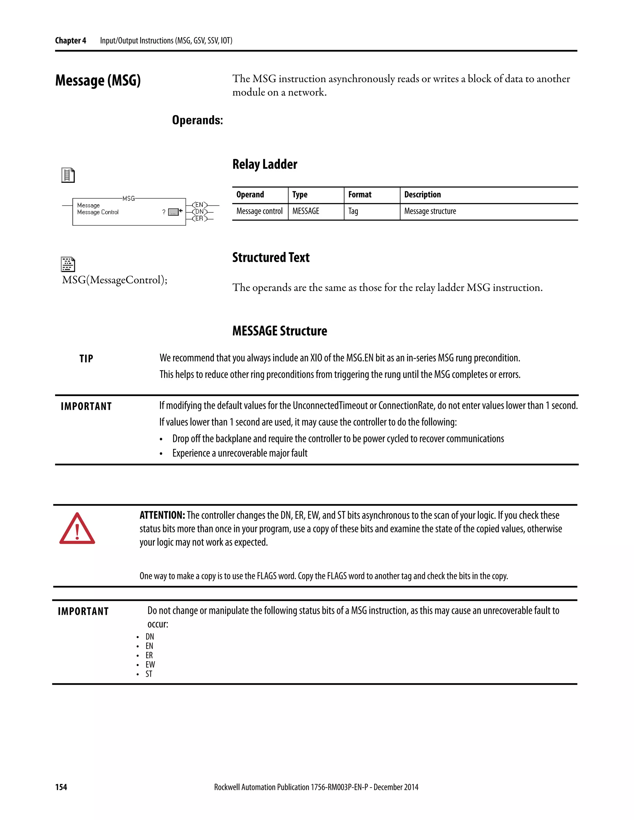 154 Rockwell Automation Publication 1756-RM003P-EN-P - December 2014
Chapter 4 Input/Output Instructions (MSG, GSV, SSV, IOT)
Message (MSG) The MSG instruction asynchronously reads or writes a block of data to another
module on a network.
Operands:
Relay Ladder
Structured Text
The operands are the same as those for the relay ladder MSG instruction.
MESSAGE Structure
Operand Type Format Description
Message control MESSAGE Tag Message structure
MSG(MessageControl);
TIP We recommend that you always include an XIO of the MSG.EN bit as an in-series MSG rung precondition.
This helps to reduce other ring preconditions from triggering the rung until the MSG completes or errors.
IMPORTANT If modifying the default values for the UnconnectedTimeout or ConnectionRate, do not enter values lower than 1 second.
If values lower than 1 second are used, it may cause the controller to do the following:
• Drop off the backplane and require the controller to be power cycled to recover communications
• Experience a unrecoverable major fault
ATTENTION: The controller changes the DN, ER, EW, and ST bits asynchronous to the scan of your logic. If you check these
status bits more than once in your program, use a copy of these bits and examine the state of the copied values, otherwise
your logic may not work as expected.
One way to make a copy is to use the FLAGS word. Copy the FLAGS word to another tag and check the bits in the copy.
IMPORTANT Do not change or manipulate the following status bits of a MSG instruction, as this may cause an unrecoverable fault to
occur:
• DN
• EN
• ER
• EW
• ST
 