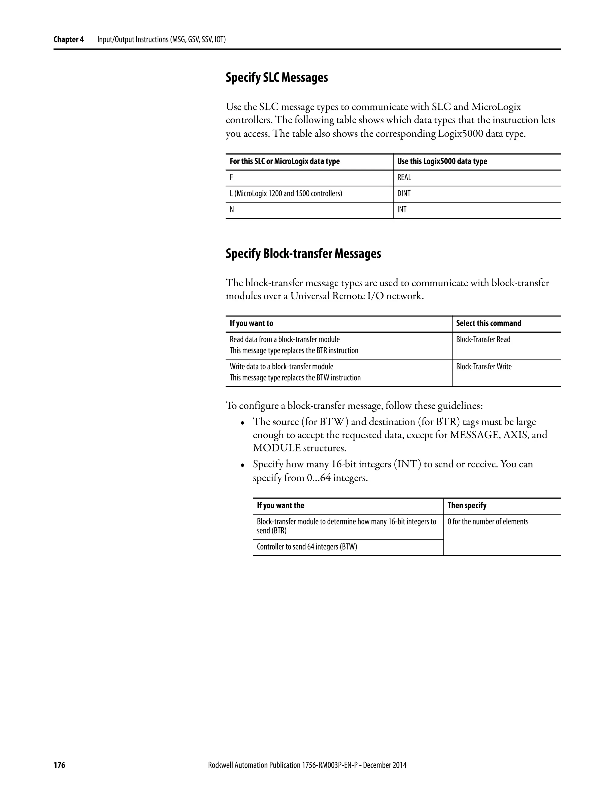 176 Rockwell Automation Publication 1756-RM003P-EN-P - December 2014
Chapter 4 Input/Output Instructions (MSG, GSV, SSV, IOT)
Specify SLC Messages
Use the SLC message types to communicate with SLC and MicroLogix
controllers. The following table shows which data types that the instruction lets
you access. The table also shows the corresponding Logix5000 data type.
Specify Block-transfer Messages
The block-transfer message types are used to communicate with block-transfer
modules over a Universal Remote I/O network.
To configure a block-transfer message, follow these guidelines:
• The source (for BTW) and destination (for BTR) tags must be large
enough to accept the requested data, except for MESSAGE, AXIS, and
MODULE structures.
• Specify how many 16-bit integers (INT) to send or receive. You can
specify from 0…64 integers.
For this SLC or MicroLogix data type Use this Logix5000 data type
F REAL
L (MicroLogix 1200 and 1500 controllers) DINT
N INT
If you want to Select this command
Read data from a block-transfer module
This message type replaces the BTR instruction
Block-Transfer Read
Write data toa block-transfer module
This message type replaces the BTW instruction
Block-Transfer Write
If you want the Then specify
Block-transfer module to determine how many 16-bit integers to
send (BTR)
0 for the number of elements
Controller to send 64 integers (BTW)
 