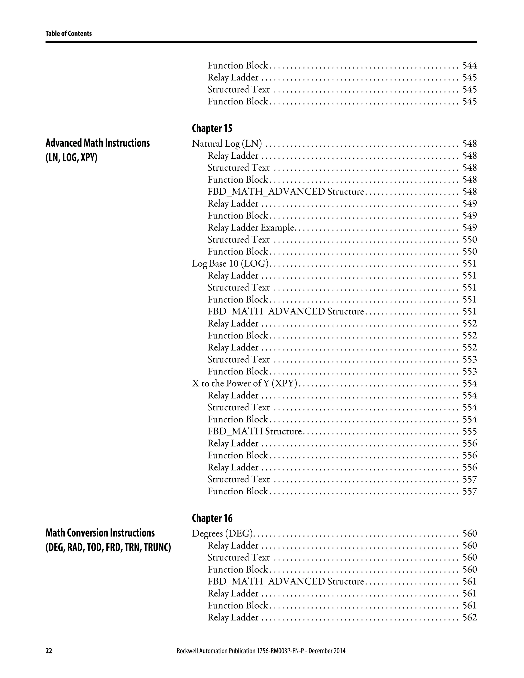 22 Rockwell Automation Publication1756-RM003P-EN-P - December 2014
Table of Contents
Function Block . . . . . . . . . . . . . . . . . . . . . . . . . . . . . . . . . . . . . . . . . . . . . . 544
Relay Ladder . . . . . . . . . . . . . . . . . . . . . . . . . . . . . . . . . . . . . . . . . . . . . . . . 545
Structured Text . . . . . . . . . . . . . . . . . . . . . . . . . . . . . . . . . . . . . . . . . . . . . 545
Function Block . . . . . . . . . . . . . . . . . . . . . . . . . . . . . . . . . . . . . . . . . . . . . . 545
Chapter15
AdvancedMathInstructions
(LN,LOG,XPY)
Natural Log (LN) . . . . . . . . . . . . . . . . . . . . . . . . . . . . . . . . . . . . . . . . . . . . . . . 548
Relay Ladder . . . . . . . . . . . . . . . . . . . . . . . . . . . . . . . . . . . . . . . . . . . . . . . . 548
Structured Text . . . . . . . . . . . . . . . . . . . . . . . . . . . . . . . . . . . . . . . . . . . . . 548
Function Block . . . . . . . . . . . . . . . . . . . . . . . . . . . . . . . . . . . . . . . . . . . . . . 548
FBD_MATH_ADVANCED Structure. . . . . . . . . . . . . . . . . . . . . . . 548
Relay Ladder . . . . . . . . . . . . . . . . . . . . . . . . . . . . . . . . . . . . . . . . . . . . . . . . 549
Function Block . . . . . . . . . . . . . . . . . . . . . . . . . . . . . . . . . . . . . . . . . . . . . . 549
Relay Ladder Example. . . . . . . . . . . . . . . . . . . . . . . . . . . . . . . . . . . . . . . . 549
Structured Text . . . . . . . . . . . . . . . . . . . . . . . . . . . . . . . . . . . . . . . . . . . . . 550
Function Block . . . . . . . . . . . . . . . . . . . . . . . . . . . . . . . . . . . . . . . . . . . . . . 550
Log Base 10 (LOG). . . . . . . . . . . . . . . . . . . . . . . . . . . . . . . . . . . . . . . . . . . . . . 551
Relay Ladder . . . . . . . . . . . . . . . . . . . . . . . . . . . . . . . . . . . . . . . . . . . . . . . . 551
Structured Text . . . . . . . . . . . . . . . . . . . . . . . . . . . . . . . . . . . . . . . . . . . . . 551
Function Block . . . . . . . . . . . . . . . . . . . . . . . . . . . . . . . . . . . . . . . . . . . . . . 551
FBD_MATH_ADVANCED Structure. . . . . . . . . . . . . . . . . . . . . . . 551
Relay Ladder . . . . . . . . . . . . . . . . . . . . . . . . . . . . . . . . . . . . . . . . . . . . . . . . 552
Function Block . . . . . . . . . . . . . . . . . . . . . . . . . . . . . . . . . . . . . . . . . . . . . . 552
Relay Ladder . . . . . . . . . . . . . . . . . . . . . . . . . . . . . . . . . . . . . . . . . . . . . . . . 552
Structured Text . . . . . . . . . . . . . . . . . . . . . . . . . . . . . . . . . . . . . . . . . . . . . 553
Function Block . . . . . . . . . . . . . . . . . . . . . . . . . . . . . . . . . . . . . . . . . . . . . . 553
X to the Power of Y (XPY). . . . . . . . . . . . . . . . . . . . . . . . . . . . . . . . . . . . . . . 554
Relay Ladder . . . . . . . . . . . . . . . . . . . . . . . . . . . . . . . . . . . . . . . . . . . . . . . . 554
Structured Text . . . . . . . . . . . . . . . . . . . . . . . . . . . . . . . . . . . . . . . . . . . . . 554
Function Block . . . . . . . . . . . . . . . . . . . . . . . . . . . . . . . . . . . . . . . . . . . . . . 554
FBD_MATH Structure. . . . . . . . . . . . . . . . . . . . . . . . . . . . . . . . . . . . . . 555
Relay Ladder . . . . . . . . . . . . . . . . . . . . . . . . . . . . . . . . . . . . . . . . . . . . . . . . 556
Function Block . . . . . . . . . . . . . . . . . . . . . . . . . . . . . . . . . . . . . . . . . . . . . . 556
Relay Ladder . . . . . . . . . . . . . . . . . . . . . . . . . . . . . . . . . . . . . . . . . . . . . . . . 556
Structured Text . . . . . . . . . . . . . . . . . . . . . . . . . . . . . . . . . . . . . . . . . . . . . 557
Function Block . . . . . . . . . . . . . . . . . . . . . . . . . . . . . . . . . . . . . . . . . . . . . . 557
Chapter16
MathConversionInstructions
(DEG,RAD,TOD,FRD,TRN,TRUNC)
Degrees (DEG). . . . . . . . . . . . . . . . . . . . . . . . . . . . . . . . . . . . . . . . . . . . . . . . . . 560
Relay Ladder . . . . . . . . . . . . . . . . . . . . . . . . . . . . . . . . . . . . . . . . . . . . . . . . 560
Structured Text . . . . . . . . . . . . . . . . . . . . . . . . . . . . . . . . . . . . . . . . . . . . . 560
Function Block . . . . . . . . . . . . . . . . . . . . . . . . . . . . . . . . . . . . . . . . . . . . . . 560
FBD_MATH_ADVANCED Structure. . . . . . . . . . . . . . . . . . . . . . . 561
Relay Ladder . . . . . . . . . . . . . . . . . . . . . . . . . . . . . . . . . . . . . . . . . . . . . . . . 561
Function Block . . . . . . . . . . . . . . . . . . . . . . . . . . . . . . . . . . . . . . . . . . . . . . 561
Relay Ladder . . . . . . . . . . . . . . . . . . . . . . . . . . . . . . . . . . . . . . . . . . . . . . . . 562
 