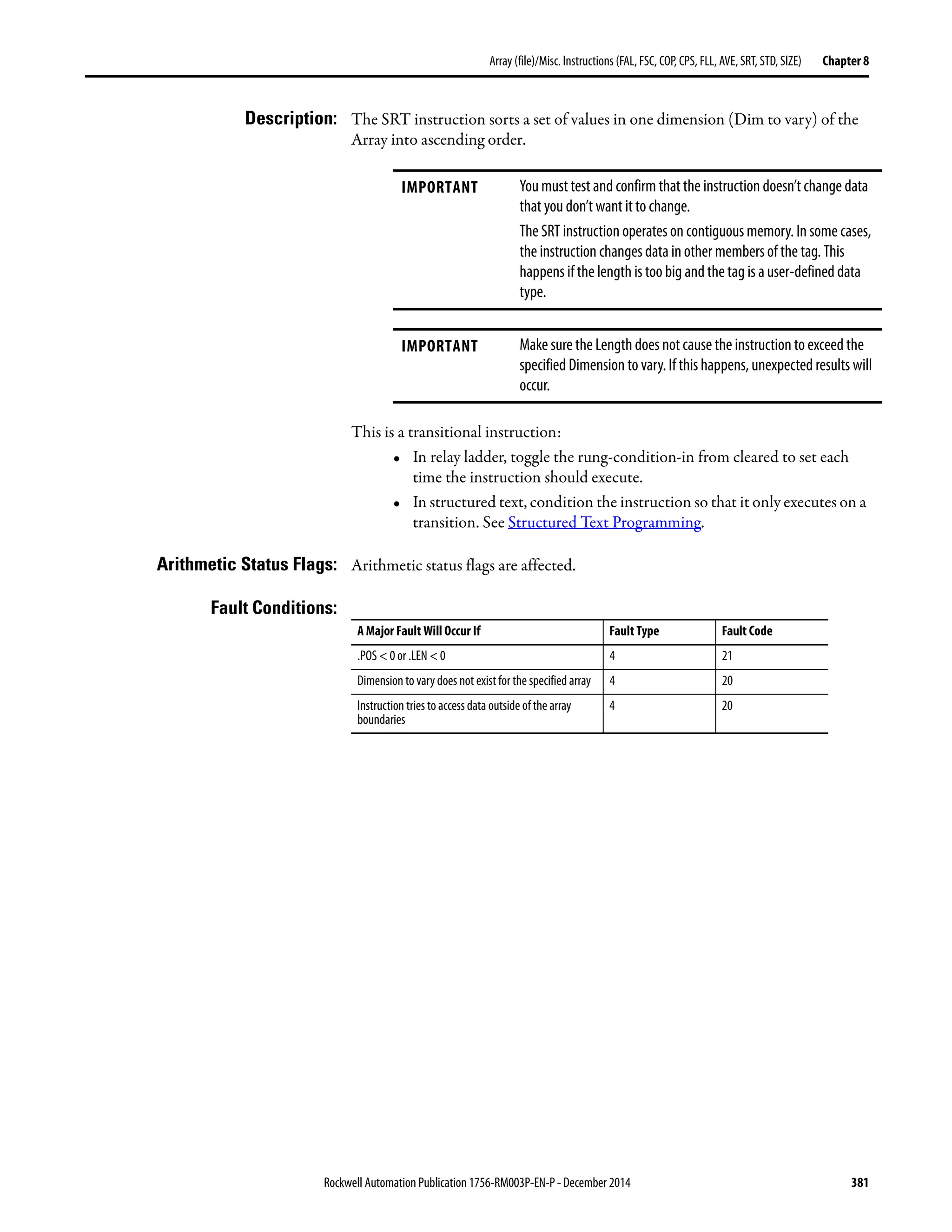 Rockwell Automation Publication 1756-RM003P-EN-P - December 2014 381
Array (file)/Misc. Instructions (FAL, FSC, COP, CPS, FLL, AVE, SRT, STD, SIZE) Chapter 8
Description: The SRT instruction sorts a set of values in one dimension (Dim to vary) of the
Array into ascending order.
This is a transitional instruction:
• In relay ladder, toggle the rung-condition-in from cleared to set each
time the instruction should execute.
• In structured text, condition the instruction so that it only executes on a
transition. See Structured Text Programming.
Arithmetic Status Flags: Arithmetic status flags are affected.
Fault Conditions:
IMPORTANT You must test and confirm that the instruction doesn’t change data
that you don’t want it to change.
The SRT instruction operates on contiguous memory. In some cases,
the instruction changes data in other members of the tag. This
happens if the length is too big and the tag is a user-defined data
type.
IMPORTANT Make sure the Length does not cause the instruction to exceed the
specified Dimension to vary. If this happens, unexpected results will
occur.
A Major Fault Will Occur If Fault Type Fault Code
.POS < 0 or .LEN < 0 4 21
Dimension to vary does not exist for the specified array 4 20
Instruction tries to access data outside of the array
boundaries
4 20
 