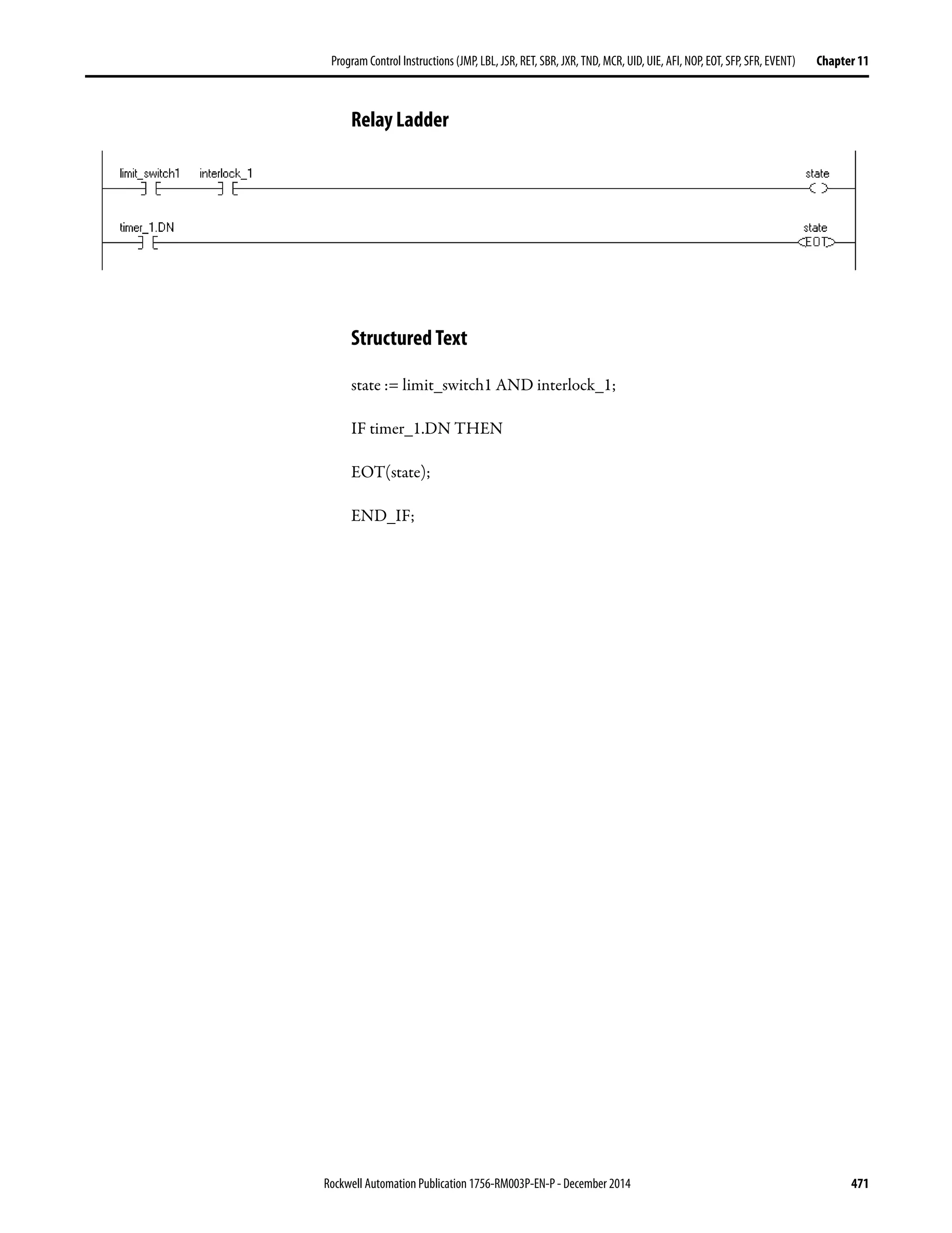 Rockwell Automation Publication 1756-RM003P-EN-P - December 2014 471
Program Control Instructions (JMP, LBL, JSR, RET, SBR, JXR, TND, MCR, UID, UIE, AFI, NOP, EOT, SFP, SFR, EVENT) Chapter 11
Relay Ladder
Structured Text
state := limit_switch1 AND interlock_1;
IF timer_1.DN THEN
EOT(state);
END_IF;
 