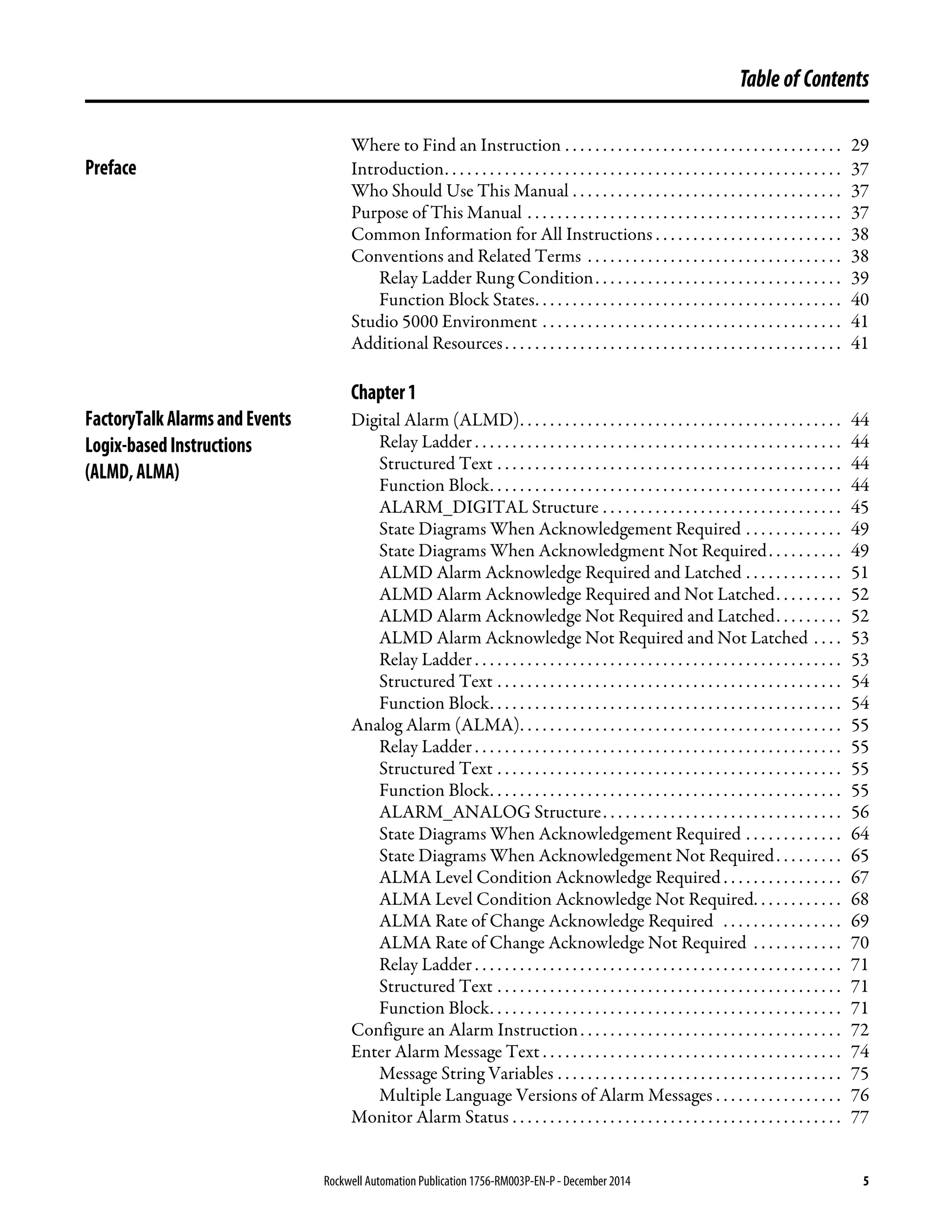 Rockwell Automation Publication 1756-RM003P-EN-P - December 2014 5
Table of Contents
Where to Find an Instruction . . . . . . . . . . . . . . . . . . . . . . . . . . . . . . . . . . . . . 29
Preface Introduction. . . . . . . . . . . . . . . . . . . . . . . . . . . . . . . . . . . . . . . . . . . . . . . . . . . . . 37
Who Should Use This Manual . . . . . . . . . . . . . . . . . . . . . . . . . . . . . . . . . . . . 37
Purpose of This Manual . . . . . . . . . . . . . . . . . . . . . . . . . . . . . . . . . . . . . . . . . . 37
Common Information for All Instructions . . . . . . . . . . . . . . . . . . . . . . . . . 38
Conventions and Related Terms . . . . . . . . . . . . . . . . . . . . . . . . . . . . . . . . . . 38
Relay Ladder Rung Condition. . . . . . . . . . . . . . . . . . . . . . . . . . . . . . . . . 39
Function Block States. . . . . . . . . . . . . . . . . . . . . . . . . . . . . . . . . . . . . . . . . 40
Studio 5000 Environment . . . . . . . . . . . . . . . . . . . . . . . . . . . . . . . . . . . . . . . . 41
Additional Resources. . . . . . . . . . . . . . . . . . . . . . . . . . . . . . . . . . . . . . . . . . . . . 41
Chapter1
FactoryTalkAlarmsandEvents
Logix-basedInstructions
(ALMD,ALMA)
Digital Alarm (ALMD). . . . . . . . . . . . . . . . . . . . . . . . . . . . . . . . . . . . . . . . . . . 44
Relay Ladder . . . . . . . . . . . . . . . . . . . . . . . . . . . . . . . . . . . . . . . . . . . . . . . . . 44
Structured Text . . . . . . . . . . . . . . . . . . . . . . . . . . . . . . . . . . . . . . . . . . . . . . 44
Function Block. . . . . . . . . . . . . . . . . . . . . . . . . . . . . . . . . . . . . . . . . . . . . . . 44
ALARM_DIGITAL Structure . . . . . . . . . . . . . . . . . . . . . . . . . . . . . . . . 45
State Diagrams When Acknowledgement Required . . . . . . . . . . . . . 49
State Diagrams When Acknowledgment Not Required. . . . . . . . . . 49
ALMD Alarm Acknowledge Required and Latched . . . . . . . . . . . . . 51
ALMD Alarm Acknowledge Required and Not Latched. . . . . . . . . 52
ALMD Alarm Acknowledge Not Required and Latched. . . . . . . . . 52
ALMD Alarm Acknowledge Not Required and Not Latched . . . . 53
Relay Ladder . . . . . . . . . . . . . . . . . . . . . . . . . . . . . . . . . . . . . . . . . . . . . . . . . 53
Structured Text . . . . . . . . . . . . . . . . . . . . . . . . . . . . . . . . . . . . . . . . . . . . . . 54
Function Block. . . . . . . . . . . . . . . . . . . . . . . . . . . . . . . . . . . . . . . . . . . . . . . 54
Analog Alarm (ALMA). . . . . . . . . . . . . . . . . . . . . . . . . . . . . . . . . . . . . . . . . . . 55
Relay Ladder . . . . . . . . . . . . . . . . . . . . . . . . . . . . . . . . . . . . . . . . . . . . . . . . . 55
Structured Text . . . . . . . . . . . . . . . . . . . . . . . . . . . . . . . . . . . . . . . . . . . . . . 55
Function Block. . . . . . . . . . . . . . . . . . . . . . . . . . . . . . . . . . . . . . . . . . . . . . . 55
ALARM_ANALOG Structure. . . . . . . . . . . . . . . . . . . . . . . . . . . . . . . . 56
State Diagrams When Acknowledgement Required . . . . . . . . . . . . . 64
State Diagrams When Acknowledgement Not Required. . . . . . . . . 65
ALMA Level Condition Acknowledge Required . . . . . . . . . . . . . . . . 67
ALMA Level Condition Acknowledge Not Required. . . . . . . . . . . . 68
ALMA Rate of Change Acknowledge Required . . . . . . . . . . . . . . . . 69
ALMA Rate of Change Acknowledge Not Required . . . . . . . . . . . . 70
Relay Ladder . . . . . . . . . . . . . . . . . . . . . . . . . . . . . . . . . . . . . . . . . . . . . . . . . 71
Structured Text . . . . . . . . . . . . . . . . . . . . . . . . . . . . . . . . . . . . . . . . . . . . . . 71
Function Block. . . . . . . . . . . . . . . . . . . . . . . . . . . . . . . . . . . . . . . . . . . . . . . 71
Configure an Alarm Instruction. . . . . . . . . . . . . . . . . . . . . . . . . . . . . . . . . . . 72
Enter Alarm Message Text . . . . . . . . . . . . . . . . . . . . . . . . . . . . . . . . . . . . . . . . 74
Message String Variables . . . . . . . . . . . . . . . . . . . . . . . . . . . . . . . . . . . . . . 75
Multiple Language Versions of Alarm Messages . . . . . . . . . . . . . . . . . 76
Monitor Alarm Status . . . . . . . . . . . . . . . . . . . . . . . . . . . . . . . . . . . . . . . . . . . . 77
 