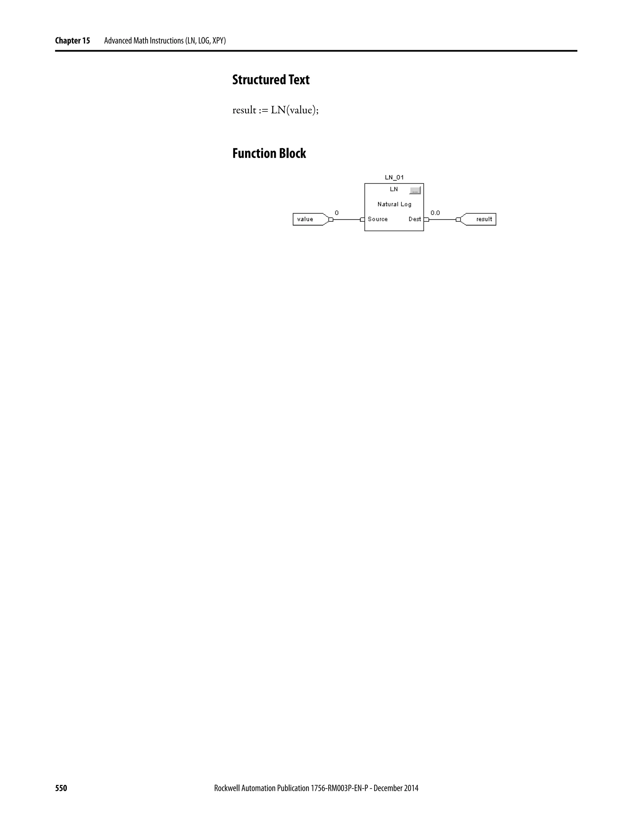 550 Rockwell Automation Publication 1756-RM003P-EN-P - December 2014
Chapter 15 Advanced Math Instructions (LN, LOG, XPY)
Structured Text
result := LN(value);
Function Block
 