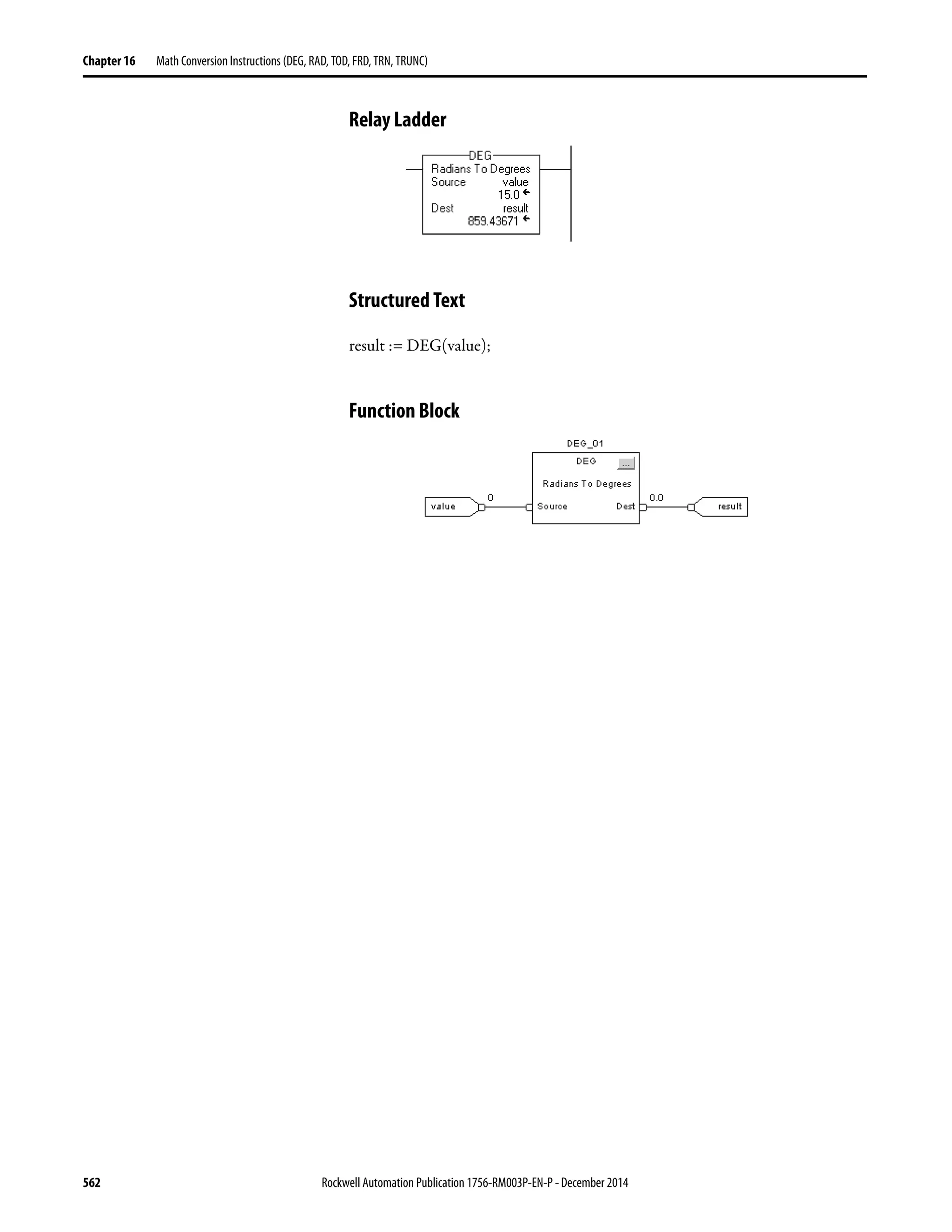 562 Rockwell Automation Publication 1756-RM003P-EN-P - December 2014
Chapter 16 Math Conversion Instructions (DEG, RAD, TOD, FRD, TRN, TRUNC)
Relay Ladder
Structured Text
result := DEG(value);
Function Block
 