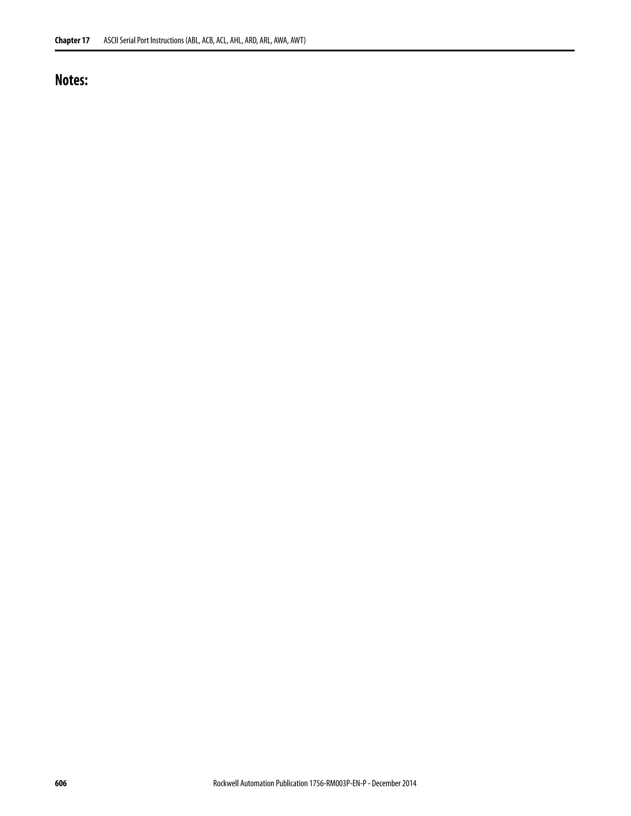 606 Rockwell Automation Publication 1756-RM003P-EN-P - December 2014
Chapter 17 ASCII Serial Port Instructions (ABL, ACB, ACL, AHL, ARD, ARL, AWA, AWT)
Notes:
 