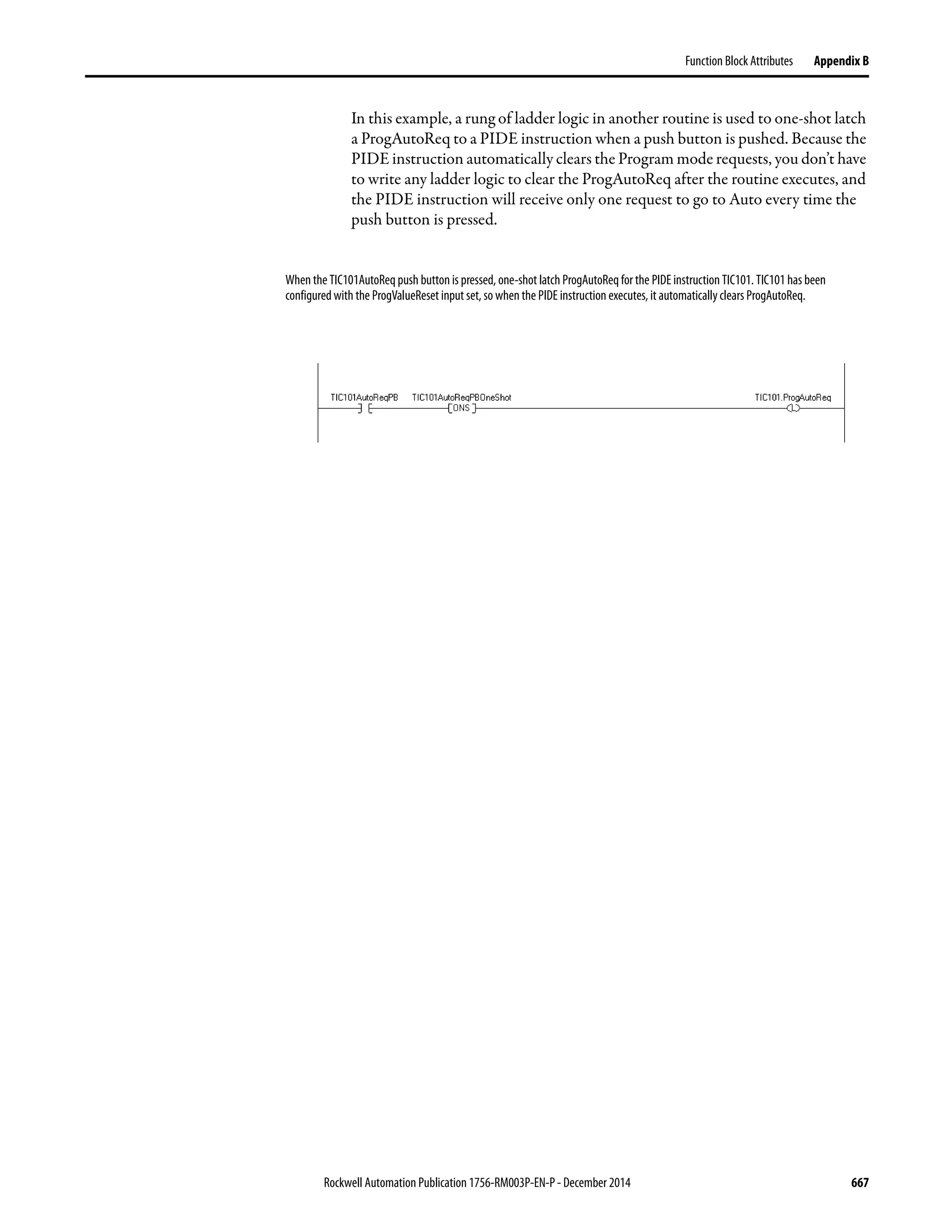 Rockwell Automation Publication 1756-RM003P-EN-P - December 2014 667
Function Block Attributes Appendix B
In this example, a rung of ladder logic in another routine is used to one-shot latch
a ProgAutoReq to a PIDE instruction when a push button is pushed. Because the
PIDE instruction automatically clears the Program mode requests, you don’t have
to write any ladder logic to clear the ProgAutoReq after the routine executes, and
the PIDE instruction will receive only one request to go to Auto every time the
push button is pressed.
When the TIC101AutoReq push button is pressed, one-shot latch ProgAutoReq for the PIDE instruction TIC101. TIC101 has been
configured with the ProgValueReset input set, so when the PIDE instruction executes, it automatically clears ProgAutoReq.
 