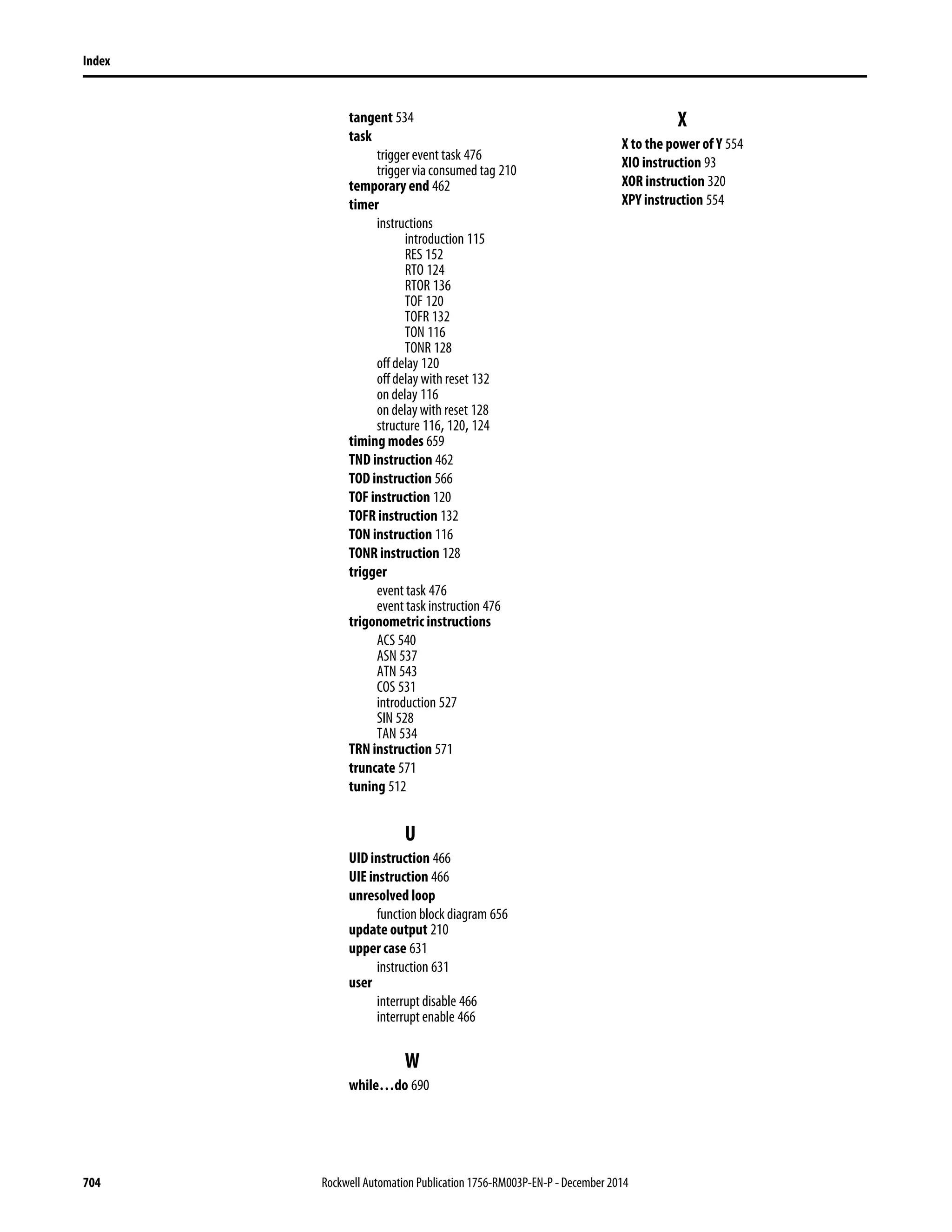 704 Rockwell Automation Publication 1756-RM003P-EN-P - December 2014
Index
tangent 534
task
trigger event task 476
trigger via consumed tag 210
temporary end 462
timer
instructions
introduction 115
RES 152
RTO 124
RTOR 136
TOF 120
TOFR 132
TON 116
TONR 128
off delay 120
off delay with reset 132
on delay 116
on delay with reset 128
structure 116, 120, 124
timing modes 659
TND instruction 462
TOD instruction 566
TOF instruction 120
TOFR instruction 132
TON instruction 116
TONR instruction 128
trigger
event task 476
event task instruction 476
trigonometric instructions
ACS 540
ASN 537
ATN 543
COS 531
introduction 527
SIN 528
TAN 534
TRN instruction 571
truncate 571
tuning 512
U
UID instruction 466
UIE instruction 466
unresolved loop
function block diagram 656
update output 210
upper case 631
instruction 631
user
interrupt disable 466
interrupt enable 466
W
while…do 690
X
X to the power of Y 554
XIO instruction 93
XOR instruction 320
XPY instruction 554
 