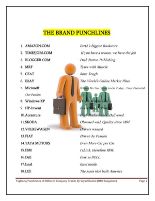 THE BRAND PUNCHLINES

   1. AMAZON.COM                                   Earth’s Biggest Bookstore
   2. TIMESJOBS.COM                                If you have a reason, we have the job
   3. BLOGGER.COM                                  Push Button Publishing
   4. MRF                                          Tyres with Muscle
   5. CEAT                                         Born Tough
   6. EBAY                                         The World’s Online Market Place
   7. Microsoft                                    Where Do You Want to Go Today ; Your Potential

       Our Passion

   8. Windows XP                                   Do More with Less
   9. HP-Invent                                    Everything is Possible
   10.Accenture                                    High Performance. Delivered
   11.SKODA                                        Obsessed with Quality since 1897.
   12.VOLKSWAGEN                                   Drivers wanted
   13.FIAT                                         Driven by Passion
   14.TATA MOTORS                                  Even More Car per Car
   15.IBM                                          I think, therefore IBM.
   16.Dell                                         Easy as DELL.
   17.Intel                                        Intel inside.
   18.LEE                                          The jeans that built America

Taglines/Punch lines of Different Company Brands By Sayad Rashid (IIBS Bangalore)            Page 1
 