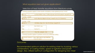 Sushant Labhasetwar 11
What equations best suit given application?
Selection of heat transfer equations from literature survey
Outcomes
Recommended optimum solution for existing mixer by studying various
combinations of cooling media, speed of agitation and jacket
design. Also, Utilized optimum configuration for designing new mixer
 