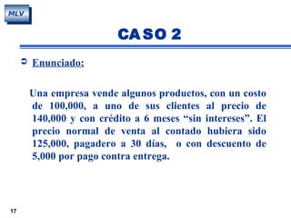 17
MLV
 Enunciado:
Una empresa vende algunos productos, con un costo
de 100,000, a uno de sus clientes al precio de
140,000 y con crédito a 6 meses “sin intereses”. El
precio normal de venta al contado hubiera sido
125,000, pagadero a 30 días, o con descuento de
5,000 por pago contra entrega.
CA SO 2
 