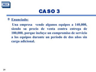 21
MLV
 Enunciado:
Una empresa vende algunos equipos a 140,000,
siendo su precio de venta contra entrega de
100,000, porque incluye un compromiso de servicio
a los equipos durante un período de dos años sin
cargo adicional.
CA SO 3
 