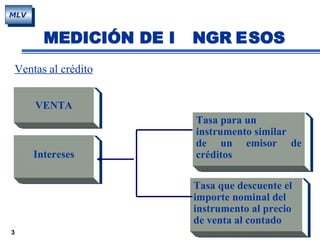 3
MLV
Ventas al crédito
VENTA
Intereses
Tasa para un
instrumento similar
de un emisor de
créditos
Tasa que descuente el
importe nominal del
instrumento al precio
de venta al contado
MEDICIÓN DE I NGR ESOS
 