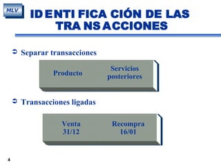 4
MLV
 Separar transacciones
 Transacciones ligadas
Producto
Servicios
posteriores
Venta
31/12
Recompra
16/01
ID ENTI FICA CIÓN DE LAS
TRA NS ACCIONES
 