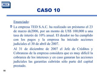 55
MLV
CASO 10
Enunciado:
 La empresa TED S.A.C. ha realizado un préstamo el 23
de marzo de2006, por un monto de US$ 100,000 a una
tasa de interés de 10% anual. El deudor no ha cumplido
con los pagos y la empresa ha iniciado acciones
judiciales el 30 de abril de 2007.
Al 31 de diciembre de 2007 el Jefe de Créditos y
Cobranzas de la empresa considera que es muy difícil la
cobranza de los intereses y en caso ganaran las acciones
judiciales las garantías cubrirán sólo parte del capital
prestado.
 