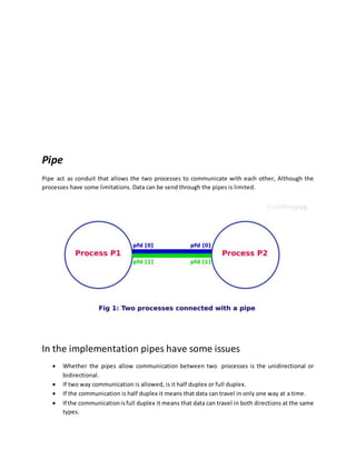 Pipe
Pipe act as conduit that allows the two processes to communicate with each other, Although the
processes have some limitations. Data can be send through the pipes is limited.
In the implementation pipes have some issues
 Whether the pipes allow communication between two processes is the unidirectional or
bidirectional.
 If two way communication is allowed, is it half duplex or full duplex.
 If the communication is half duplex it means that data can travel in only one way at a time.
 If the communicationisfull duplex it means that data can travel in both directions at the same
types.
 