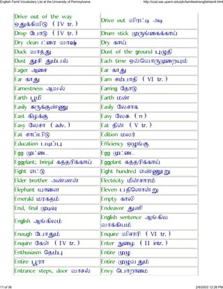 Drive out of the way
Ðâ¡´ÕÂÕà (IV tr.)
Drive out ÂÕÀ¥Ü ÇÜ
Drop Ø½Ôà (IV tr.) Drum stick åçõÙ´¡´Ô²
Dry clean ¥ÙÀ ÂÔøÓ Dry ´Ô²
Duck ÂÔ¢â Dust of the ground äê»Õ
Dust âÚ¶Õ â£½§ Each time Ð¬×ÂÔçåÙÅæ£
Eager ÈÙ¶ Ear ´Ôâ
Ear ´Ôâ Earn ¶£½Ô»Õ (VI tr.)
Earnestness ÈÂ§ Earring Ø»Ôà
Earth äÛ¾Õ Earth ¾ý
Easily ßç¡Þýá Easily ØÁ¶Ô´
East ´ÕÃ¡Þ Easy ØÁß (n)
Easy ØÁ¶Ô (adv.) Eat »Õ¨ (V tr.)
Eat ¶Ô¤½Õà Edition ¾Á¯
Education ½Ü¤ä Efficiency ÐêõÞ
Egg å¥Ù¹ Egg å¥Ù¹
Eggplant; brinjal ´¢»ÀÕ¡´Ô² Eggplant ´¢»ÀÕ¡´Ô²
Eight Í¥à Eight hundred ÍýáÚì
Elder brother Çýº¨ Electricity ¾Õ¨¶ÔÀ£
Elephant ¿ÔÙÆ Eleven ½»Õ×ÆÔ¨ì
Emerald ¾À´»£ Empty ´ÔÁÕ
End, final åÜé Endeavor âºÕ
English Èõ´ÕÁ£
English sentence Èõ´ÕÁ
ÂÔ¡´Õ¿£
Enough Ø½Ôâ£ Enquire ÂÕ¶ÔÀÕ (VI tr.)
Enquire Ø´ª (IV tr.) Enter ãÙÃ (II intr.)
Enthusiasm ×»£ä Entire åê
Entire äÛÀÔ Entire åêÂâ£
Entrance steps, door ÂÔ¶§ Envy ×½ÔÅÔÙ¾
11 of 36 2/6/2003 12:26 PM
English-Tamil Vocabulary List at the University of Pennsylvania http://ccat.sas.upenn.edu/plc/tamilweb/englishtamil.html
 