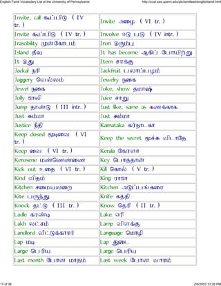 Invite, call î¤½Õà (IV
tr.)
Invite ÇÙÃ (VI tr.)
Invite î¤½Õà (IV tr.) Involve Êà ½à (IV intr.)
Irascibility å¨Ø´Ô½£ Iron Éç£ä
Island »Öé It has become È´Õ¤ Ø½Ô¿Õ±ì
It Éâ Item ¶À¡Þ
Jackal ¼ÀÕ Jackfruit ½ÁÔ¤½Ã£
Jaggery ×Â§Á£ Jewelry ¼Ù´
Jewel ¼Ù´ Joke, show »¾ÔøÓ
Jolly ÷ÔÁÕ Juice ¶Ôì
Jump »Ôýà (III intr.) Just like, same as ´º¡´Ô´
Just ß£¾Ô Just ß£¾Ô
Justice ¼Ö»Õ Karnataka ´¯¼Ô¹´Ô
Keep closed ñÜÙÂ (VI
tr.)
Keep the secret ñ«ß ÂÕ¹ÔØ»
Keep ÙÂ (VI tr.) Kerala Ø´ÀÄÔ
Kerosene ¾ý×ºýÙº Key ×½Ô¢»Ô¨
Kick out ËÙ» (VI tr.) Kill ×´Ô§ (V tr.)
Kind ÂÕ»£ King ÀÔ÷Ô
Kitchen ¶Ù¾¿ÁÙÅ Kitchen Çà¤½õ´ÙÀ
Kite ½çÿâ Knife ´¢»Õ
Knock »¥à (III tr.) Know ×»ÀÕ (II tr.)
Ladle ´ÀýÜ Lake ÎÀÕ
Lakh Á¥¶£ Lamp ÂÕÄ¡Þ
Landlord ÂÖ¥à¡´ÔÀ¯ Language ×¾ÔÃÕ
Lap ¾Ü Lap âÙ¹
Large ×½ÀÕ¿ Large ×½ÀÕ¿
Last month Ø½ÔÆ ¾Ô»£ Last week Ø½ÔÆ ÂÔÀ£
17 of 36 2/6/2003 12:26 PM
English-Tamil Vocabulary List at the University of Pennsylvania http://ccat.sas.upenn.edu/plc/tamilweb/englishtamil.html
 