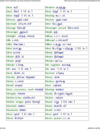 Meat ´ÅÕ Medicine ¾çÿâ
Meet Ø¶¯ (VI tr.) Meet ¶ÿ»Õ (VI tr.)
Meet ¶ÿ»Õ (VI tr.) Meeting î¥¹£
Memory ¸Ô½´£ Memory ¸Ô½´£
Merchant ÂÕ¿Ô½ÔÀÕ Mere ×Âì£
Message ×¶²»Õ Messenger servant Ø¶Â´¨
Messenger âÚ»¨ Middle ¼à
Midnight Ç¯¢» ¶Ô¾£ Military ½¥¹ÔÁ£
Milk ½Ô§ Milkmaid ½Ô§´ÔÀÕ
Millet Ø´¤Ù½ Million ½¢â Á¥¶£
Mind ¾Æâ Mind ×½ÀÕâ ½à¢â (III tr.)
Mind ¾Æ£ Minute ¼Õ¾Õø£
Minute ¼Õ¾Õ¹£ Minute ¼Õ¾Õø£
Minute ¼ÔÃÕ Mistake »¤ä
Mistake ½Õ¶Þ Mix together ´Á¡Þ
Mix ´Á (II intr.) Mix ´Á (II tr.)
Mock ´Õý¹§ Moment ÂÕ¼ÔÜ
Monday »Õõ´¥´ÕÃÙ¾ Money ´Ôß
Money ½º£ Monkey ÞÀõÞ
Month ¾Ô»£ More Ç»Õ´£
More, execessive, much ÷ÔöÓ»Õ Morning ´ÔÙÁ
Mosquito ×´Ôß Mostly ×½ç£½Ôè£
Mother-in-law ¾Ô¾Õ¿Ô¯ Mother Ç£¾Ô
Mother tongue »Ô² ×¾ÔÃÕ Mount Îì (III intr.)
Mountain ¾ÙÁ Mouse ßý×¹ÁÕ
Moustache ¾ÖÙ¶ Mouth ÂÔ²
Move ¼´¯ (II intr.) Move ¼´¯ (VI tr.)
Movie ¶ÕÆÕ¾Ô Movie, picture ½¹£
20 of 36 2/6/2003 12:26 PM
English-Tamil Vocabulary List at the University of Pennsylvania http://ccat.sas.upenn.edu/plc/tamilweb/englishtamil.html
 
