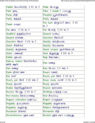 Publish ×ÂÄÕ¿Õà (IV tr.) Public ×½Ôâ
Pulse ¼ÔÜ Pulse (unsplit) ½¿ì
Pump ¾Õ»Õ Pumpkin äÛ¶ÆÕ¡´Ô²
Purity ß¢»£ Purity ß¢»£
Purple Ì»Ô
Put back »Õç¤½Õ ÙÂ (VI
tr.)
Put ÙÂ (VI tr.) Put Ø½Ôà (IV tr.)
Qualified »Þ»ÕæªÄ Quarrel Â£ä
Quarrel ¶ýÙ¹ Question Ø´ªÂÕ
Question Ø´ª (IV tr.) Quickly ÷§»Õ¿Ô´
Quick ¶Ö¡´ÕÀ£ Quickly ØÂ´¾Ô´
Quickly ßç¡´Ô´ Quick temper å¨Ø´Ô½£
Quiet ÇÙ¾»Õ Quit ¼Õì¢â (III tr.)
Rabbit å¿§ Ragi Ø´¤Ù½
Railway station ×À¿Õ§ØÂ
öÓØ¹ø¨
Rain ¾ÙÃ
Rain ¾ÙÃ Rain ×½² (I intr.)
Raisin »ÕÀÔ¥Ù¶ Rasam Àö£
Rat ÍÁÕ Reach, join Ø¶¯ (VI tr.)
Reach, join Ø¶¯ (II intr.) Read, study ÂÔ¶Õ (VI tr.)
Ready »¿Ô¯ Ready »¿Ô¯
Realize ×»ÀÕÿâ×´Ôª Reason ´ÔÀº£
Receive ×½ì (IV tr.) Reclining ½à¢» ½Ü
Red banana ×¶¬ÂÔÙÃ Red ¶ÕÂ¤ä
Regard, estimation ¾»Õ¤ä Regret Âç¢»£
Regularly »ÂÅÔ¾§ Regularly Ðêõ´Ô´
Regularity ÐêõÞ Relative ×¶Ôÿ»¡´ÔÀ¯
Remainder ¾Õ«¶£ Remainder ¾Ö»Õ
Rememberence ¸Ô½´£ Remind ¸Ô½´¤ ½à¢â
25 of 36 2/6/2003 12:26 PM
English-Tamil Vocabulary List at the University of Pennsylvania http://ccat.sas.upenn.edu/plc/tamilweb/englishtamil.html
 