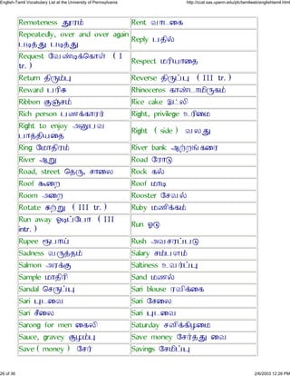 Remoteness âÚÀ£ Rent ÂÔ¹Ù´
Repeatedly, over and over again
½Ü¢â ½Ü¢â
Reply ½»Õ§
Request ØÂýÜ¡×´Ôª (I
tr.)
Respect ¾ÀÕ¿ÔÙ»
Return »Õç£ä Reverse »Õç¤ä (III tr.)
Reward ½ÀÕß Rhinoceros ´Ôý¹Ô¾Õç´£
Ribbon Þþ¶£ Rice cake É¥ÁÕ
Rich person ½º¡´ÔÀ¯ Right, privilege ËÀÕÙ¾
Right to enjoy Çí½Â
½Ô¢»Õ¿Ù»
Right (side) ÂÁâ
Ring Ø¾Ô»ÕÀ£ River bank È±Åõ´ÙÀ
River Èì Road ØÀÔà
Road, street ×»ç, ¶ÔÙÁ Rock ´§
Roof îÙÅ Roof ¾ÔÜ
Room ÇÙÅ Rooster Ø¶Â§
Rotate ß±ì (III tr.) Ruby ¾ºÕ¡´£
Run away ÑÜ¤Ø½Ô (III
intr.)
Run Ñà
Rupee ò½Ô² Rush ÇÂ¶À¤½à
Sadness Âç¢»£ Salary ¶£½Ä£
Salmon ÇÀ¡Þ Saltiness ËÂ¯¤ä
Sample ¾Ô»ÕÀÕ Sand ¾º§
Sandal ×¶ç¤ä Sari blouse ÀÂÕ¡Ù´
Sari ä¹ÙÂ Sari Ø¶ÙÁ
Sari ¶ÖÙÁ Sari ä¹ÙÂ
Sarong for men Ù´ÁÕ Saturday ¶ÆÕ¡´ÕÃÙ¾
Sauce, gravey ÞÃ£ä Save money Ø¶¯¢â ÙÂ
Save(money) Ø¶¯ Savings Ø¶¾Õ¤ä
26 of 36 2/6/2003 12:26 PM
English-Tamil Vocabulary List at the University of Pennsylvania http://ccat.sas.upenn.edu/plc/tamilweb/englishtamil.html
 