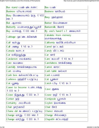 Bus stand ½öÓ öÓ¹Ôý¥ Bus ½öÓ
Business ÂÕ¿Ô½ÔÀ£ Business ´ÔÀÕ¿£
Busy ØÂÙÁ¿Ô² Éç (VII
intr.)
Busy å£åÀ£
But ÈÆÔ§ Butter ×ÂýÙº
Butterfly Âýº¢â¤äÛ«¶Õ Buttermilk Ø¾Ô¯
Buy ÂÔõÞ (III intr.) By one's hand(s) Ù´¿Ôª
Cabbage å¥Ù¹¡×´ÔöÓ
Calculate from memory
¾Æ¡´º¡Þ
Calf ´¨ì California ´ÁÕØ½Ô¯ÆÕ¿Ô
Call ÇÙÃ (VI tr.) Camel Ð¥¹´£
Canada ´Æ¹Ô Candy ¾Õ¥¹Ô²
Car ¾´Õ°éÛÿâ Car ´Ô¯
Cardamon ÎÁ¡´Ô² Care ´ÂÆÕ (VI tr.)
Care ´ÂÙÁ Carefulness ÷Ô¡´ÕÀÙ»
Carefully ÷Ô¡´ÕÀÙ»¿Ô´ Carrot ´ÔÀ¥
Cart ÂýÜ Cash table ´§ÁÔ
Cash box ´§ÁÔ¤×½¥Ü Cash ½º£
Cashews åÿ»ÕÀÕ ½ç¤ä Cat äÛÙÆ
Cat äÛÙ¼ Catch ½ÕÜ (VI tr.)
Cause to become Ëý¹Ô¡Þ
(III tr.)
Cave ÞÙ´
Cease ¼Õì¢â (III tr.) Cease ÐÃÕ (VI tr.)
Center ¼à Centipede äÛÀÔ¨
Certainty ÇÂ¶Õ¿£ Ceylon ÉÁõÙ´
Chair ¼Ô±´ÔÁÕ Chair Ø¶¯
Chana dal ´¹ÙÁ¤ ½ç¤ä Chance ¶¾¿£
Change ¾Ôì (III intr.) Change ¶Õ§ÁÙÅ
Change ¾Ô±ì (III tr.) Chapathi ¶¤½Ô¢»Õ
6 of 36 2/6/2003 12:26 PM
English-Tamil Vocabulary List at the University of Pennsylvania http://ccat.sas.upenn.edu/plc/tamilweb/englishtamil.html
 